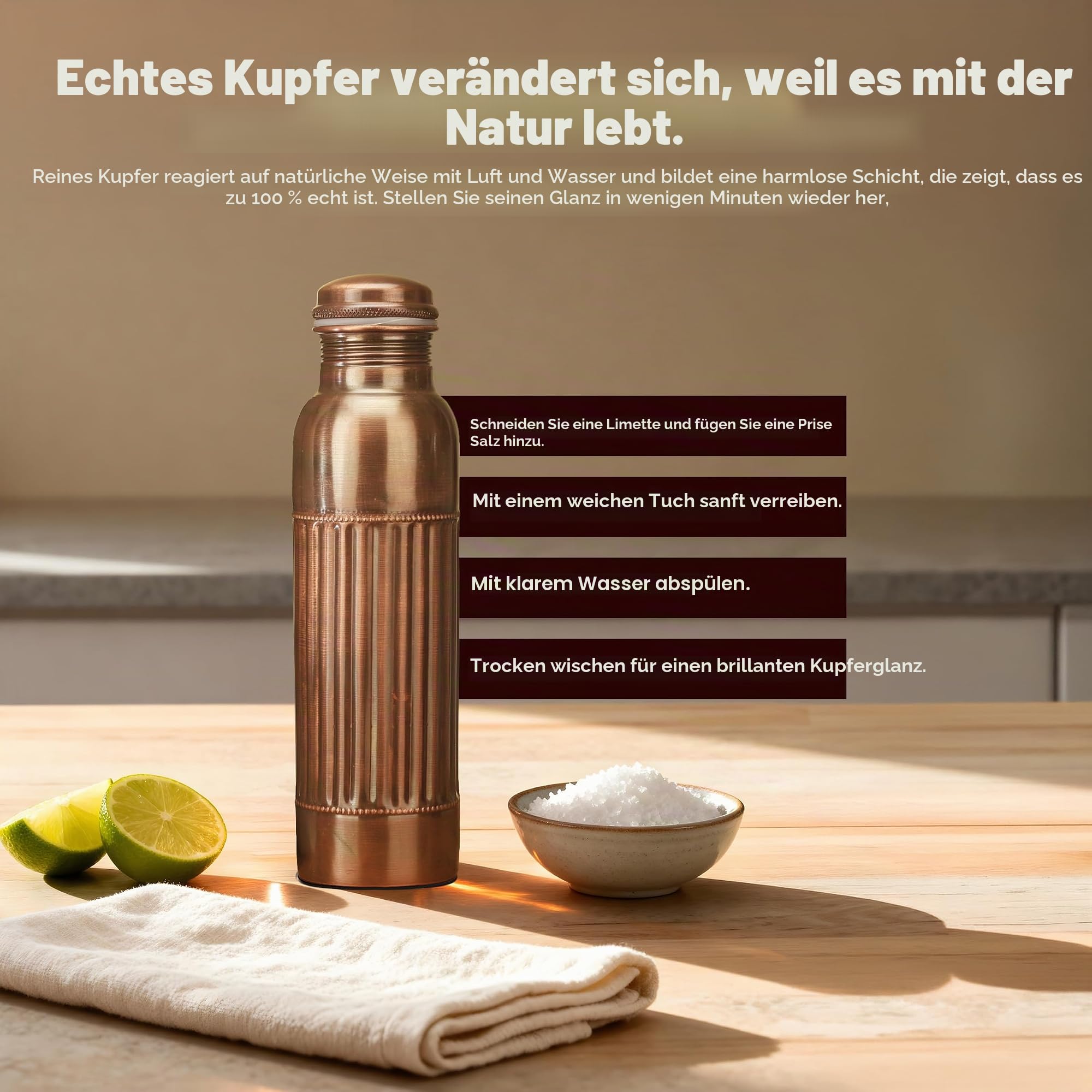 Kupfer-Wasserflasche, 34 oz, Antik-Schwarz, reine Kupfer-Wasserflasche, Reisen, Fitnessstudio, Wandern, Ayurveda – 2 Stück