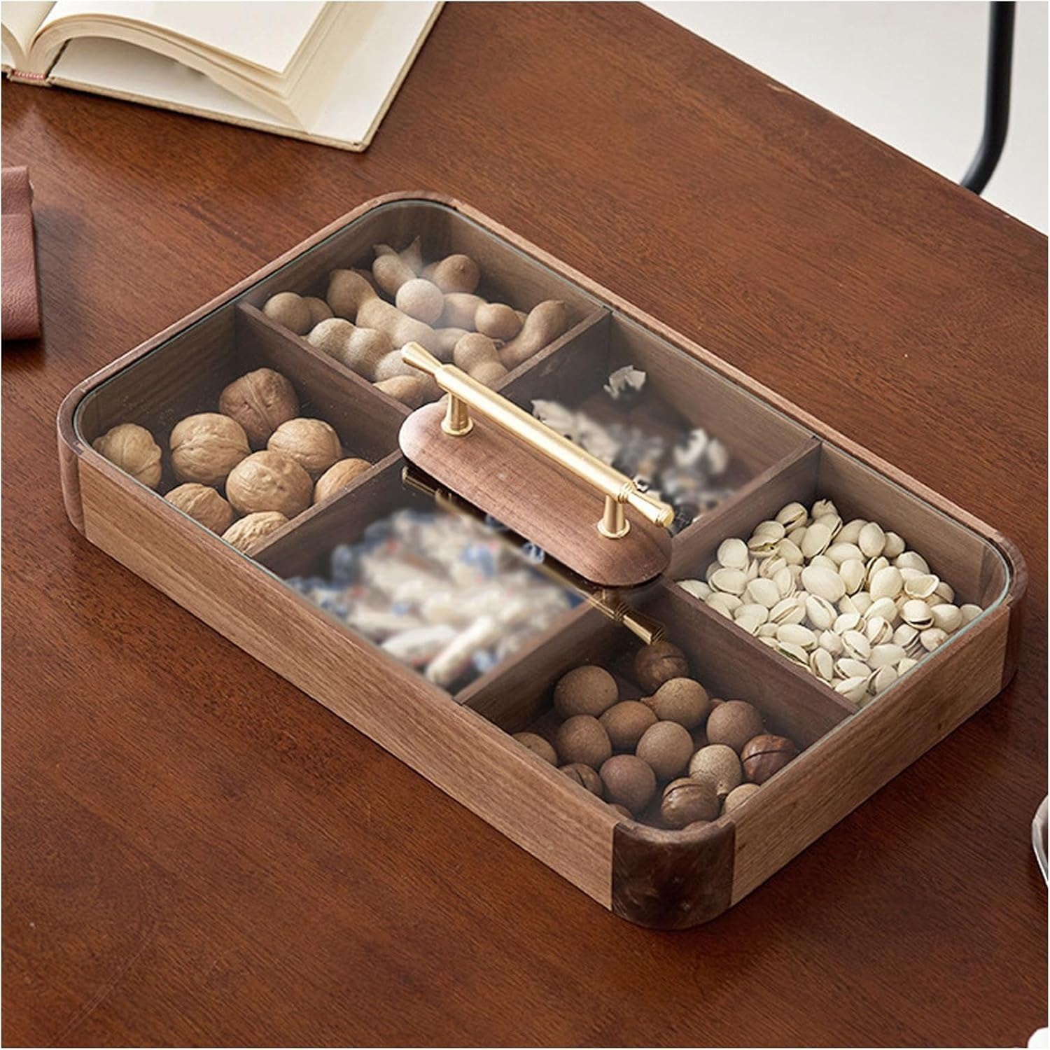 Vassoio per snack in legno con coperchio, vassoio da portata diviso per snack, organizer per alimenti fatto a mano per patatine, verdure, noci e dolci, vassoio da scrivania per soggiorno da 30 x 30 cm
