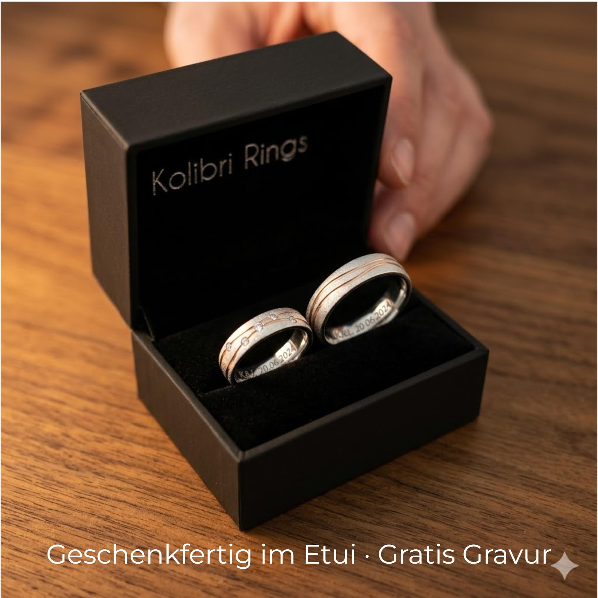 Kolibri Rings Eheringe Weißgold Optik Paarpreis 925 Silber Eismatt Vergoldete Fuge 5 Zirkonia Steine Set - Made in Germany Gratis Gravur und Etui