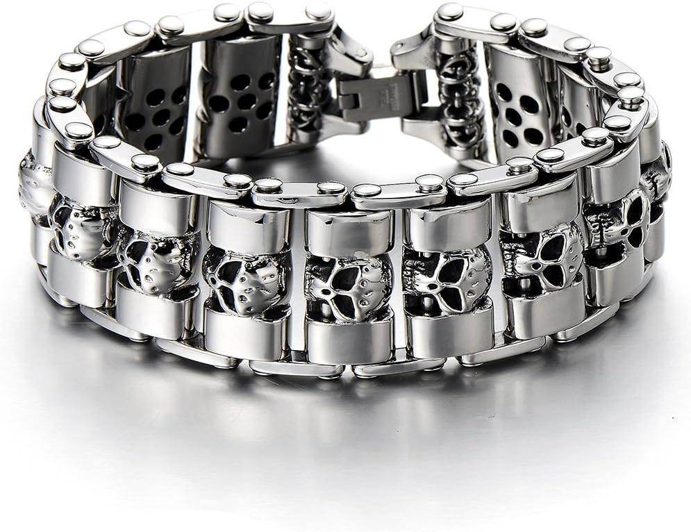 COOLSTEELANDBEYOND Heavy and Study Mens Stainless Steel Biker Skull Bracelet Silver Black Two-Tone Polished - Image 2