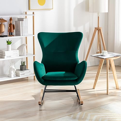 Silla mecedora tapizada de terciopelo verde para sala de estar cómoda mecedora silla de acento con respaldo alto silla deslizante marco de metal