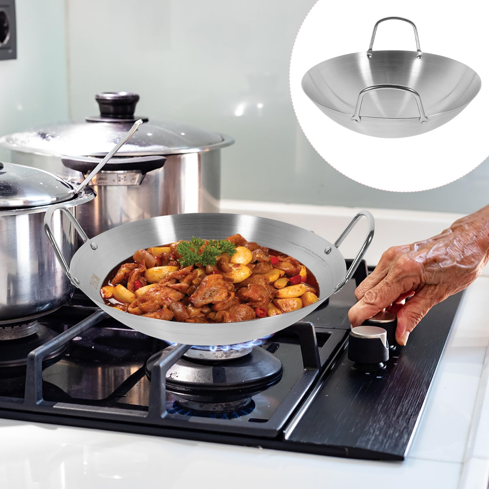 UPKOCH Wok Poêle à frire Wok en acier inoxydable, fond, plaque de cuisson, poêle à frire, antiadhésive, poêle à frire, 22 cm