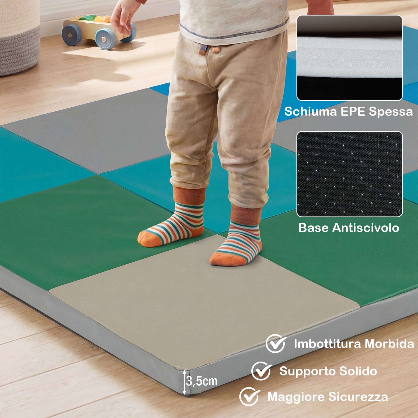 COSTWAY Tappeto Gioco Pieghevole, 144 x 144 cm, Tappetino da Ginnastica con Pelle Impermeabile, Tappeto da Pavimento per Cameretta (Blu+Verde)
