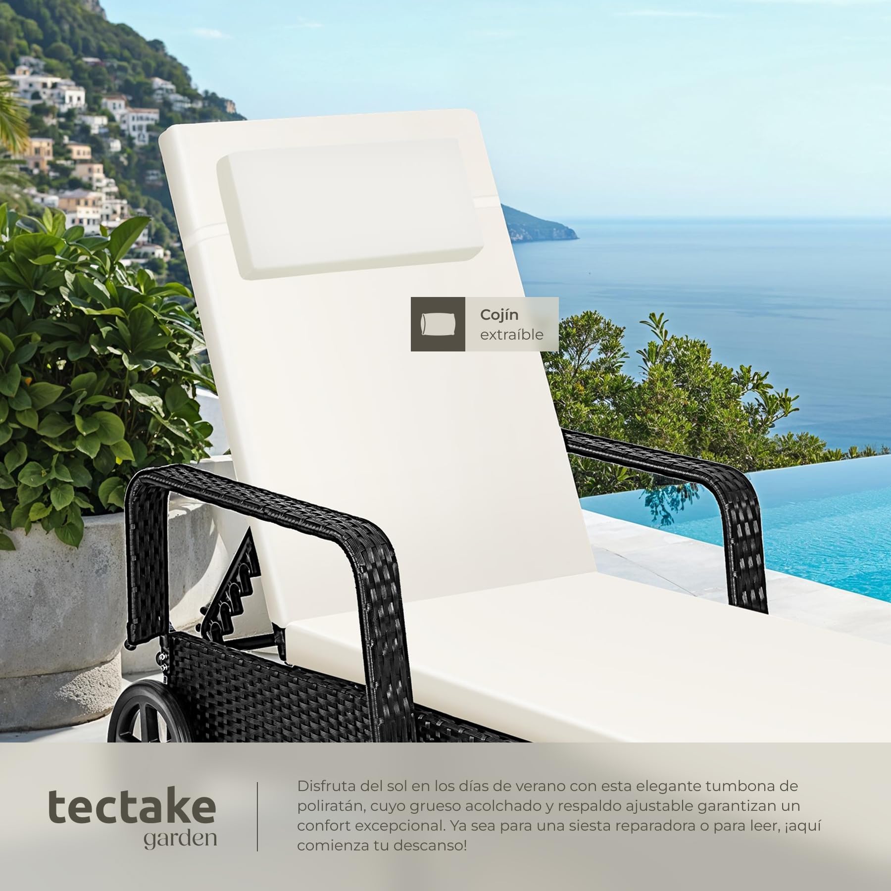 tectake®, Tumbona Chaise Longue, Ajustable de Poliratán con Ruedas, Mueble Exterior Sofa Acolchado para Jardín y Terraza, 6 Posiciones, Fácil de Limpiar, Moderno, Hamaca de Jardín - Negro/Beige