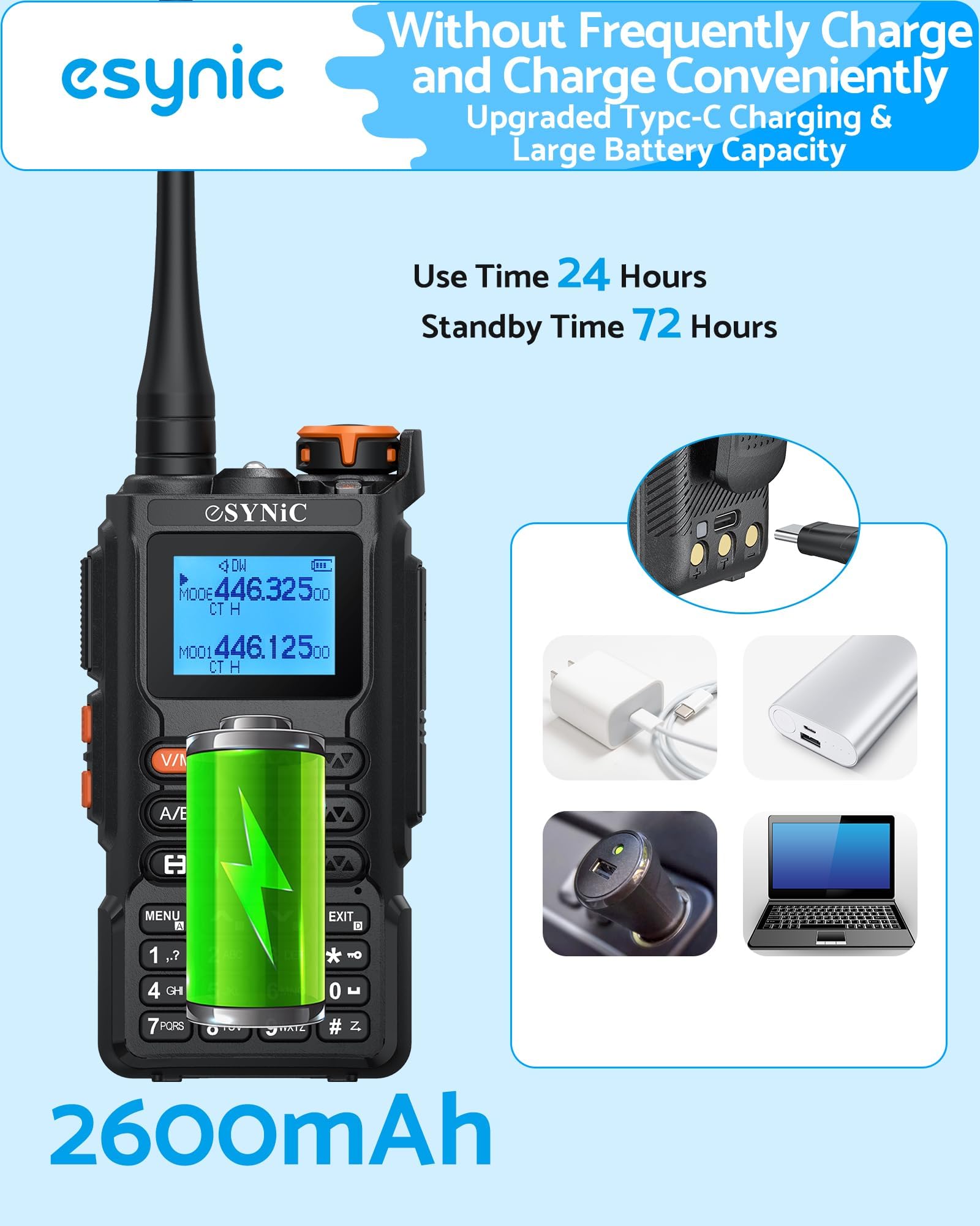 eSynic 2PCS Walkie Talkie Profesional, Walkie UV5R Pro de Largo Alcance 5km con VOX, 999 Canales VHF & UHF Banda, Carga USB C Compatible con Pantalla LCD DTMF FM de Doble Banda