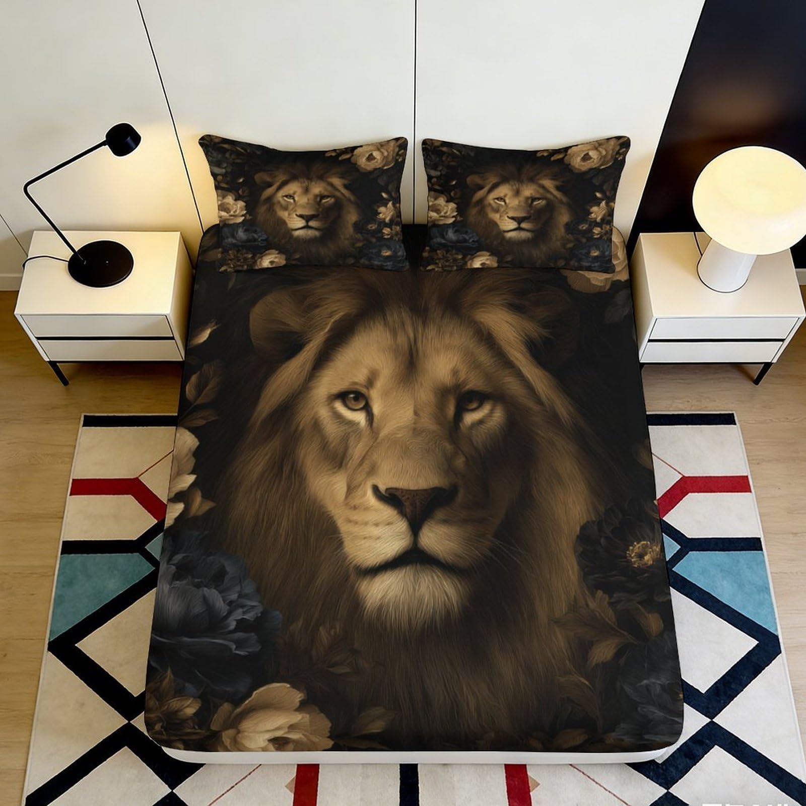 3D Printed Lion Floral Fitted Sheet Microfiber Durable Soft 3D Printed Lion Face Bed Cover for Bedroom Dormitory Guest Room Mattress Protection 120x200x25cm