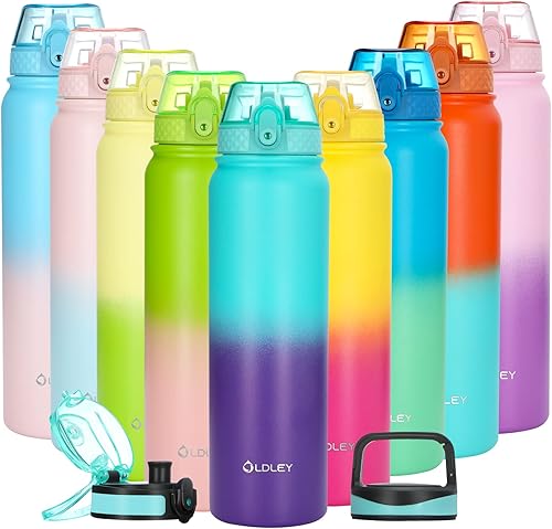 OLDLEY Botella de agua aislada con pajilla, botellas de agua de acero inoxidable de 32 onzas con 3 tapas, aislamiento al vacío de doble pared