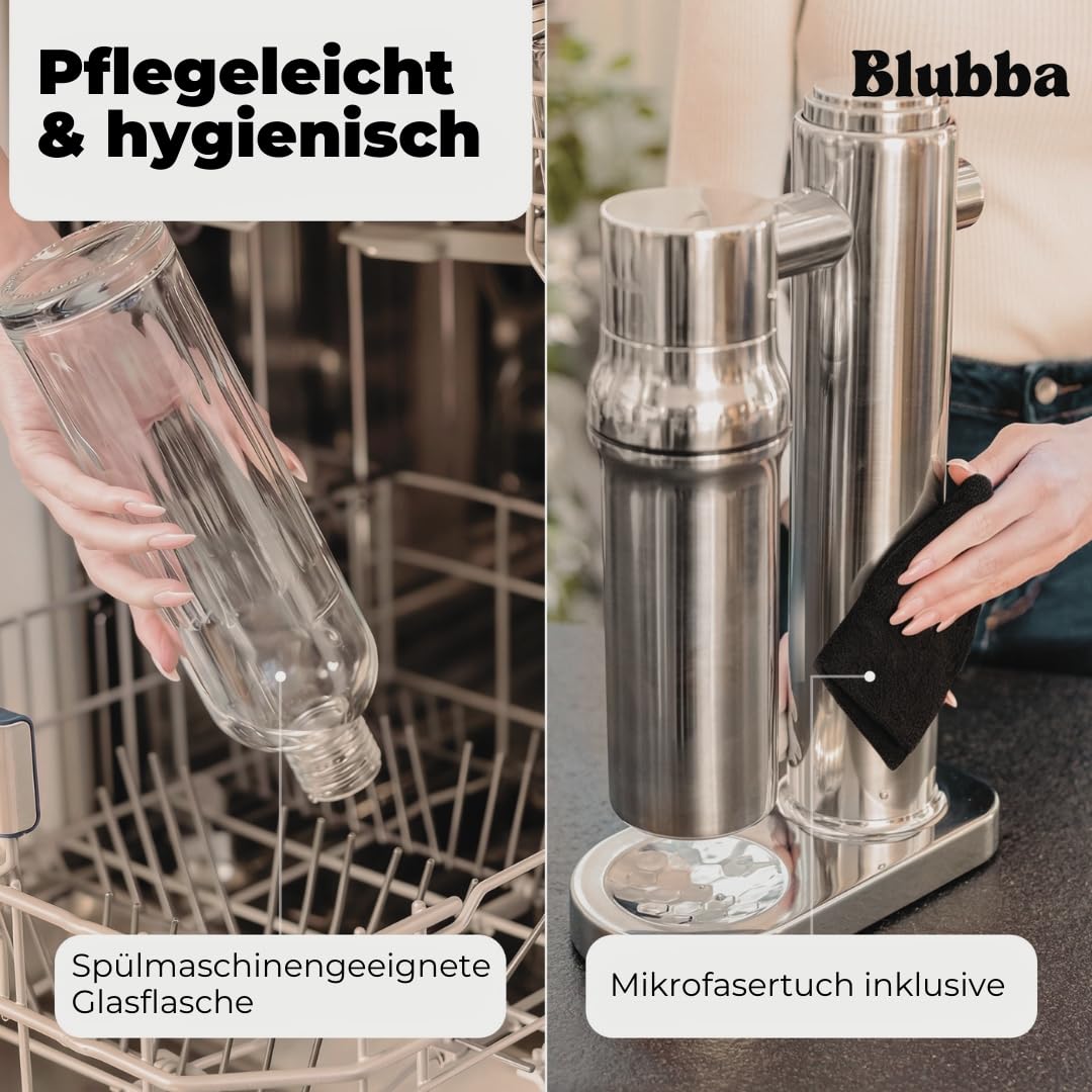 Wassersprudler Edelstahl mit Glasflasche 650 ml – BPA-frei, geschmacksneutral, spülmaschinengeeignet. Edle Sodamaschine für feinperliges Sprudelwasser. Soda Maker.