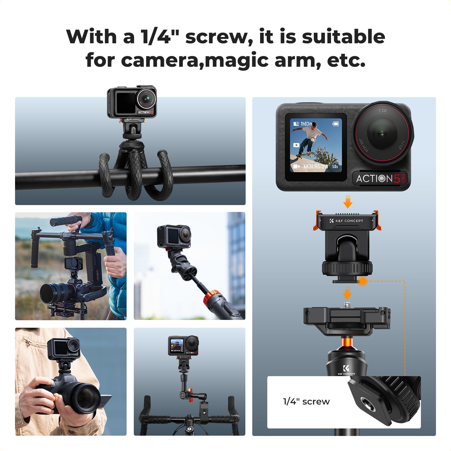K&F CONCEPT Magnetyczny uchwyt do kamery sportowej z zimną stopką, uchwyt na statyw do DJI Osmo Action 5 Pro Hot Shoe Camera Adapter z otworem na śrubę 1/4 cala do Osmo Action 3/4, DJI Osmo 360