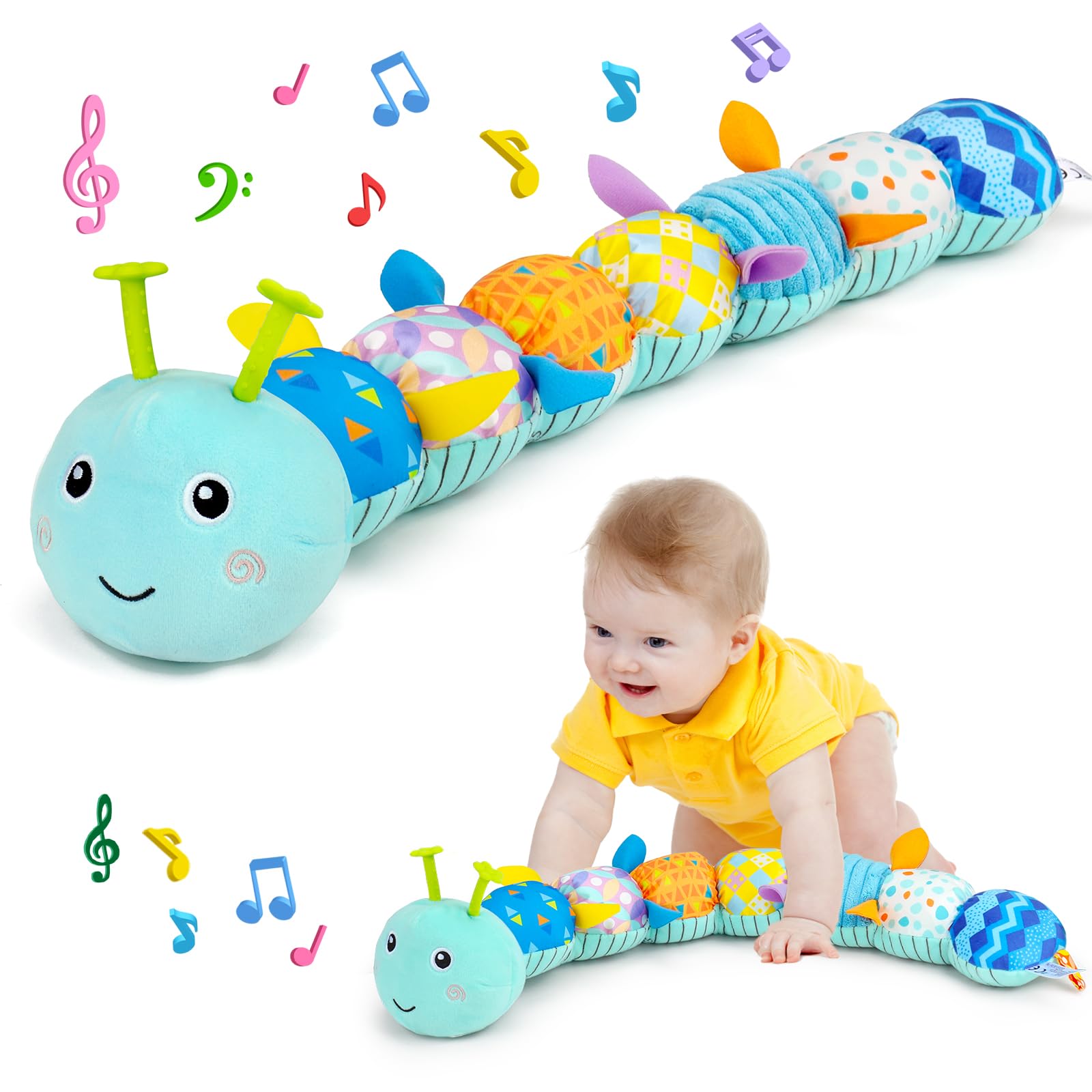 Baby Toys 0 3 6 9 12 Months New Born Baby Boy Girl Gifts, Caterpillar Sensory Musical Toys for 0-6 6-12 Months Old Babies, Tummy Time Toys Newborn Essentials (Bleu)