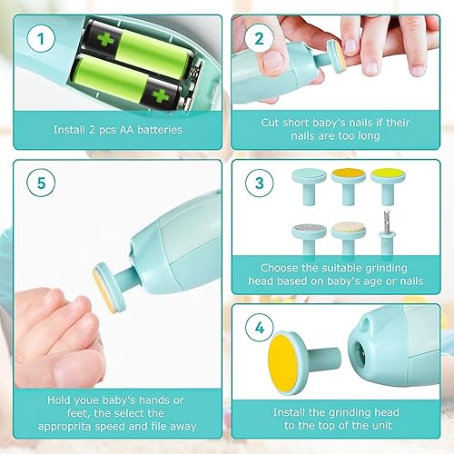 Miniatura 3 de Recortadora eléctrica de uñas para bebé, kit de aseo de esmalte con 6 cabezales de molienda y luz LED, kit de lima de uñas seguro para recién