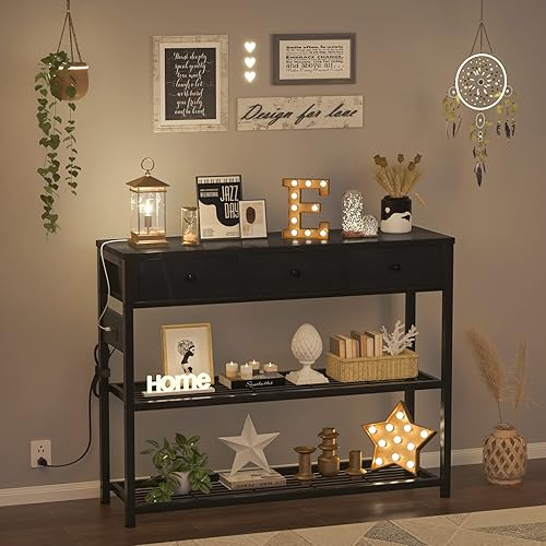 Miniatura 65 de Ecoprsio Mesa de entrada de 47 pulgadas con salidas y puertos USB, mesa consola con 3 cajones, mesa de sofá estrecha larga con estantes de Marrón