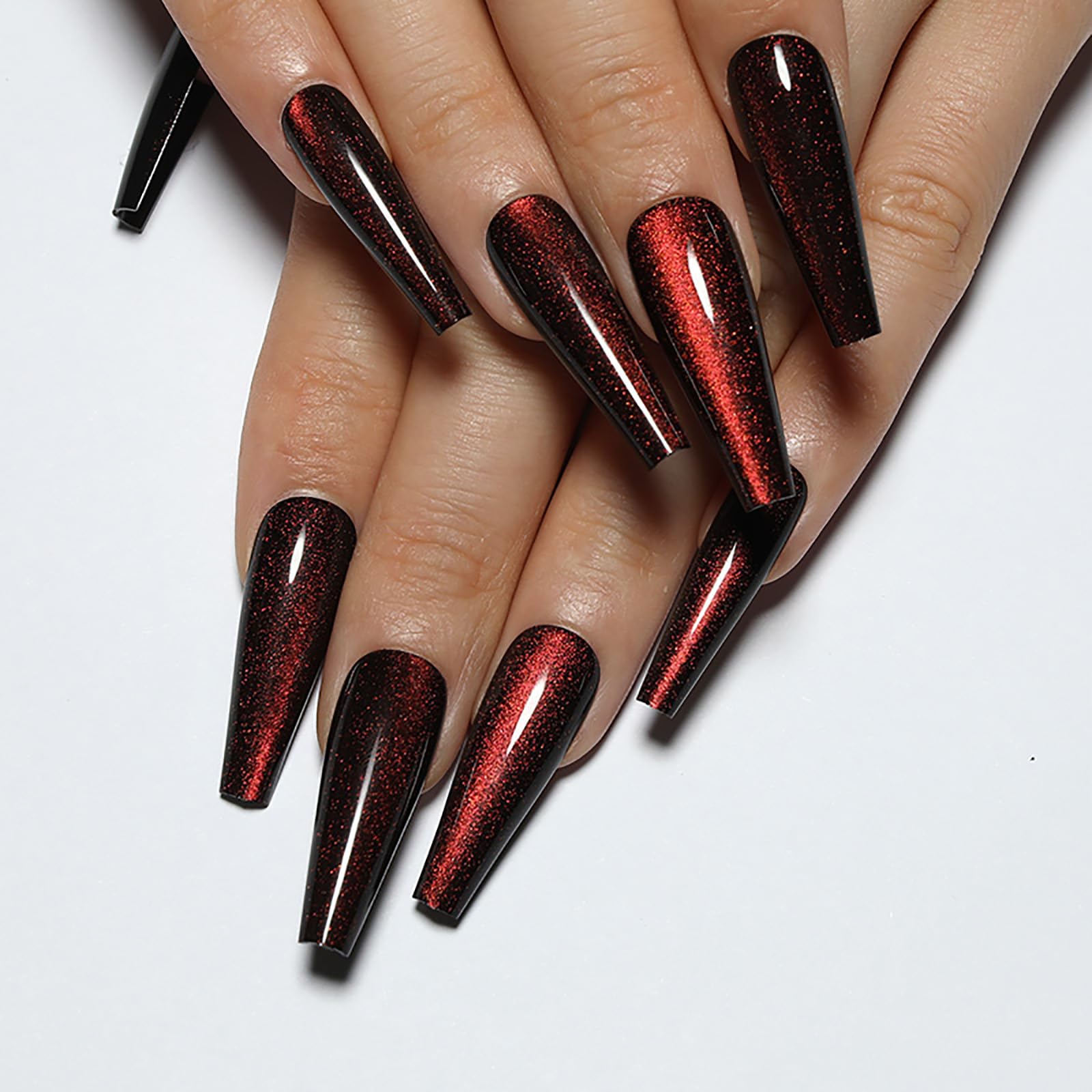 Handmade Press on Nails - Dark Red Fake Nails | Cat Eye & Velvet Effect Design Acrylic Nails | Glossy,Glitter,Gradient Color,Reusable Long Nails | 12
