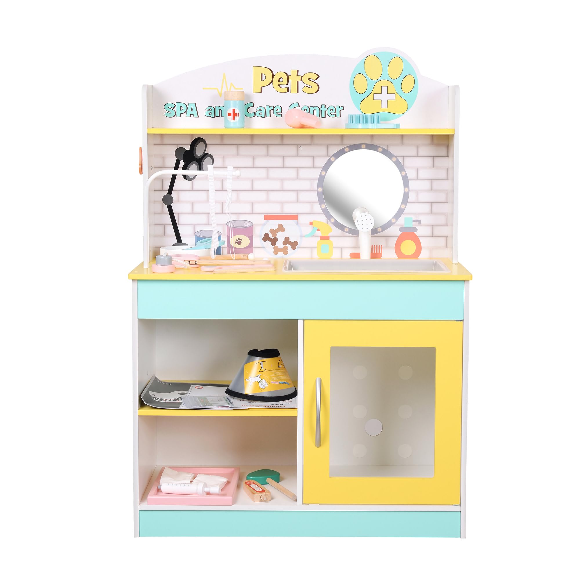 Teamson Kids Little Helper Green and Yellow Pet Grooming and Care Play Set - Wooden Vet Clinic Toy with Accessories