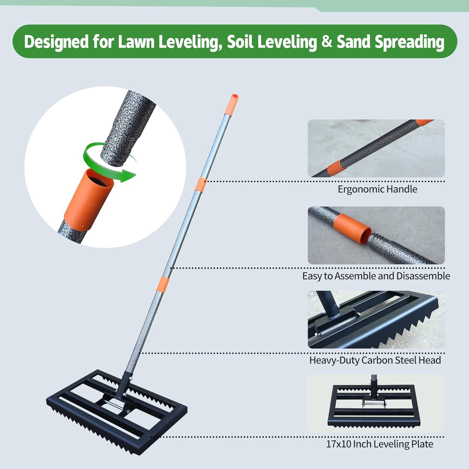 Lawn Leveling Rake 17x10 Inch, 6FT Heavy-Duty Carbon Steel Lawn Leveler – Yard Leveling Rake for Soil, Sand, Grass, Perfect for Lawn Repair, Pit Filling & Garden Maintenance