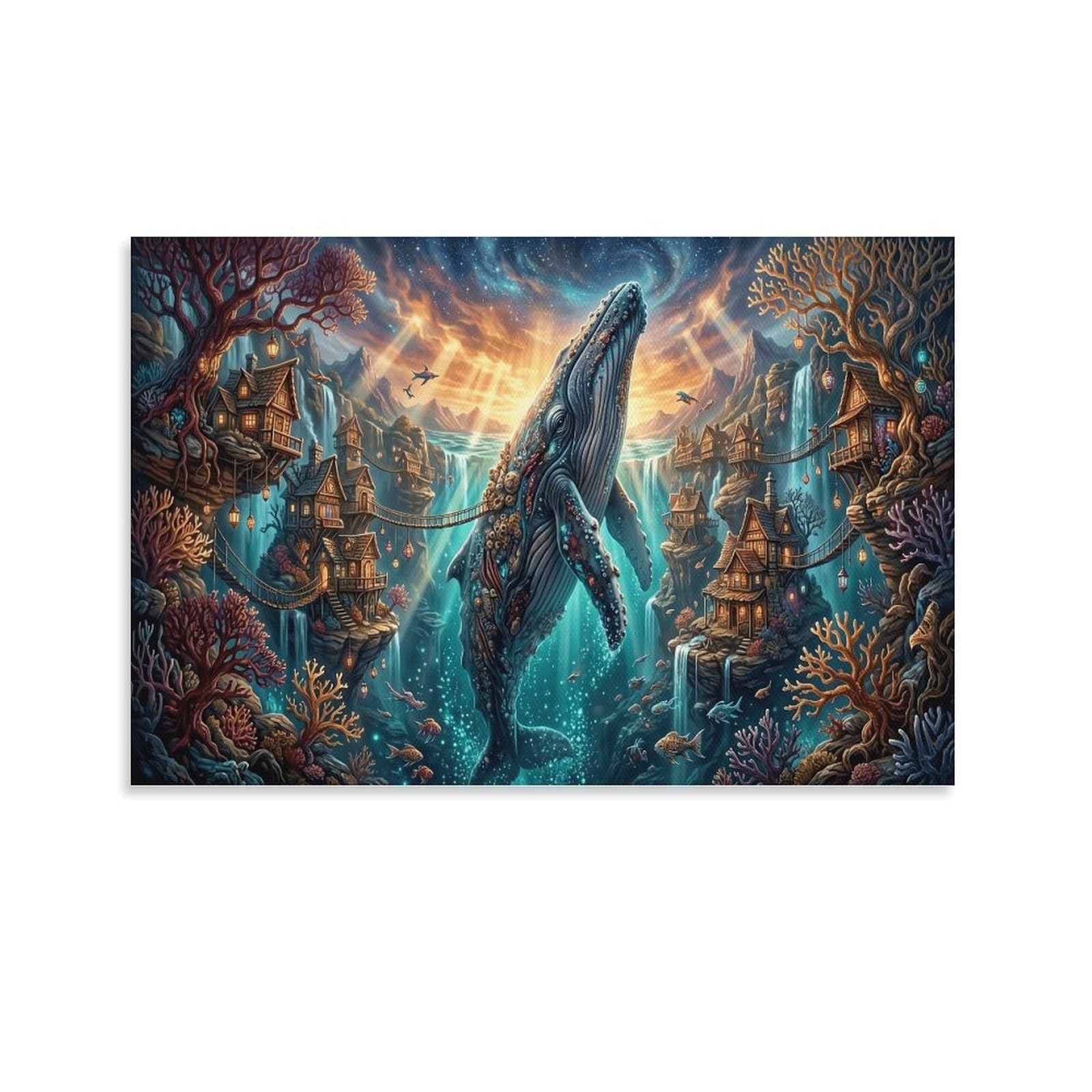 XPASHIQWC Whale Poster Artwork Underwater Ancient Village Giclee Canvas Prints Modern Wall Art Picture Wall Hanging for Living Room Home Decorations 20x30inch(50x75cm)
