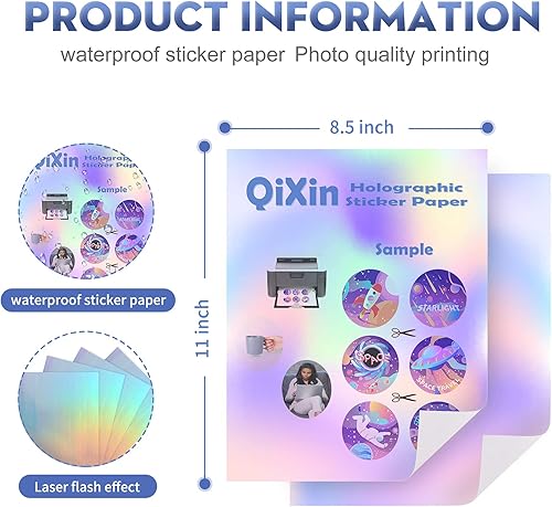 Miniatura 5 de QiXin 24 hojas de papel adhesivo holográfico de 8.5 x 11 pulgadas para impresora de inyección de tinta e impresora láser, tamaño carta de EE. UU.,