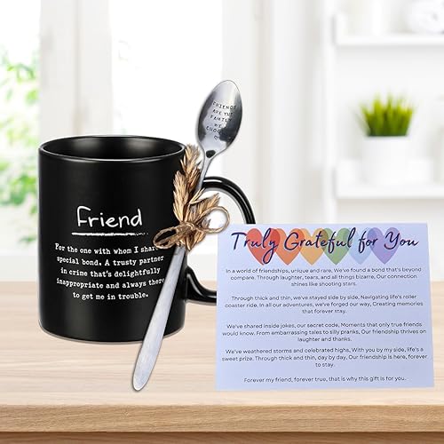 Miniatura 6 de Caja de regalo de taza de café con texto en inglés "Friends are the Family We Choose", taza de cerámica negra de 20 onzas, cuchara de acero