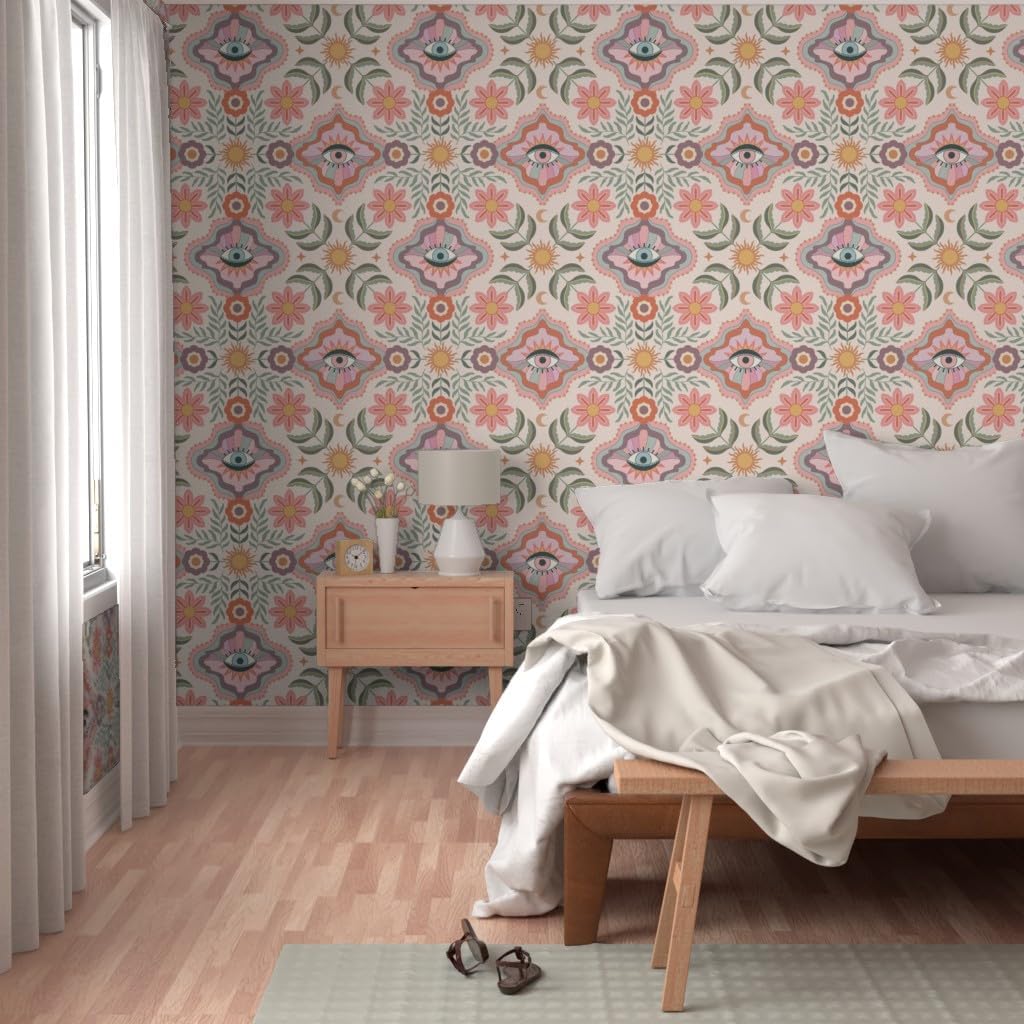 Removable Wallpaper 6ft x 2ft - Boho Floral Retro Eyes Teen Girly Tween Folk Flowers Bohemian Feminine Kids Sun Botanical Custom Pre-Pasted Wallpaper by Spoonflower