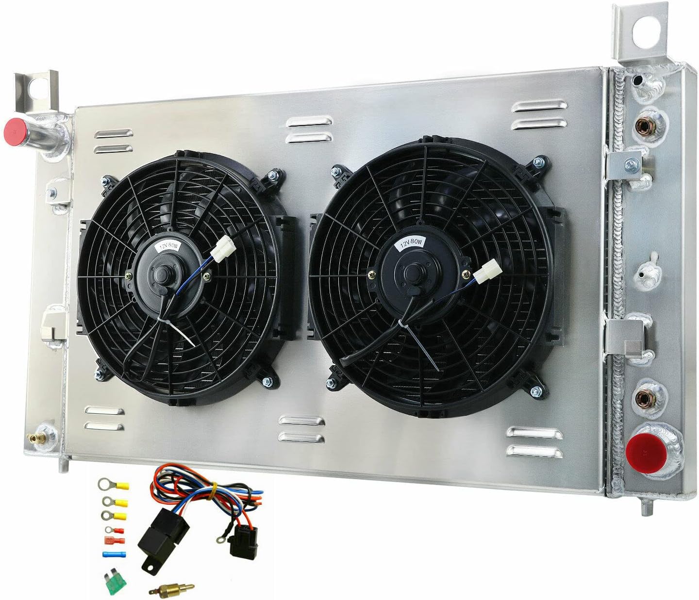 Aluminum Radiator for 99-13 Chevy Silverado 1500/Sierra 1500 Radiador for 02-05 Cadillac Escalade 5.3L V8 GAS 4 Row Radiators Shroud 2x12" Fans Thermostat Relay Kit 03 04 06 07 08 09 10 11 12