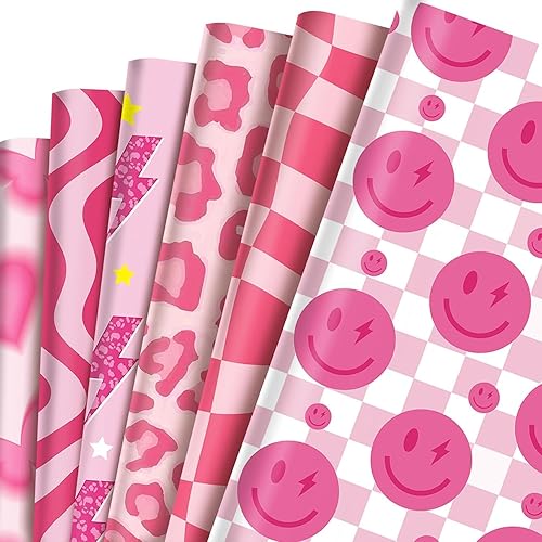 Bolsome 12 hojas de papel de regalo temático preppy, papel de regalo con diseño de leopardo y mariposa sonriente rosa para principios de la década disponible en Yaxa Peru