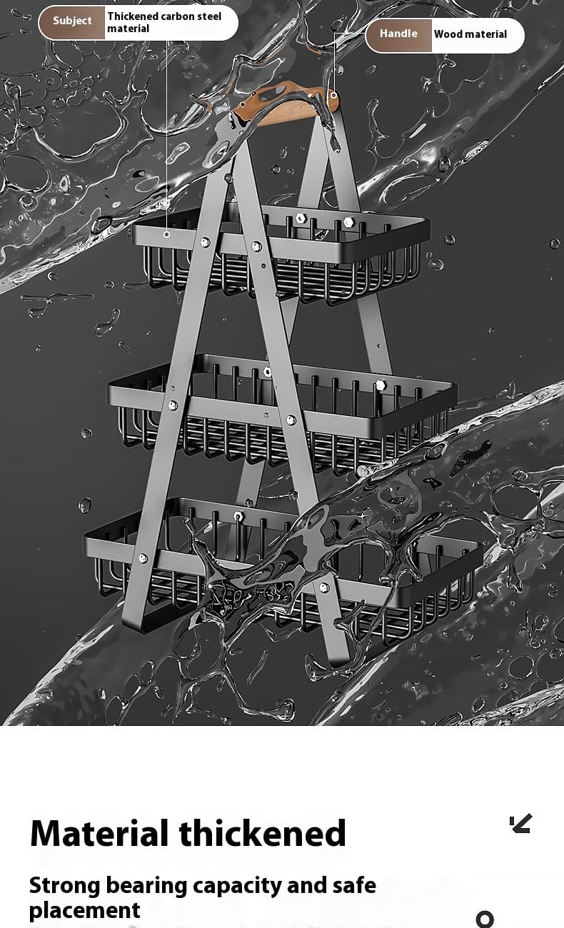 3-Tier Metal Fruit Basket Stand, White Kitchen Storage Organizer with Wooden Handle, Countertop Display Rack