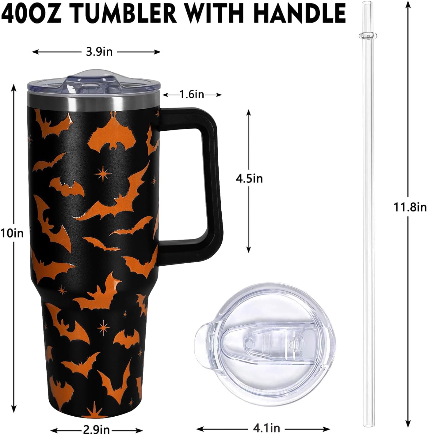 40 oz Halloween Tumbler With Handle Lid and Straw,5D Orange Bat Print Tumblers,Halloween Stainless Steel Insulated Travel Mug Black Coffee Cup Gifts for Women Men Adults - Image 3