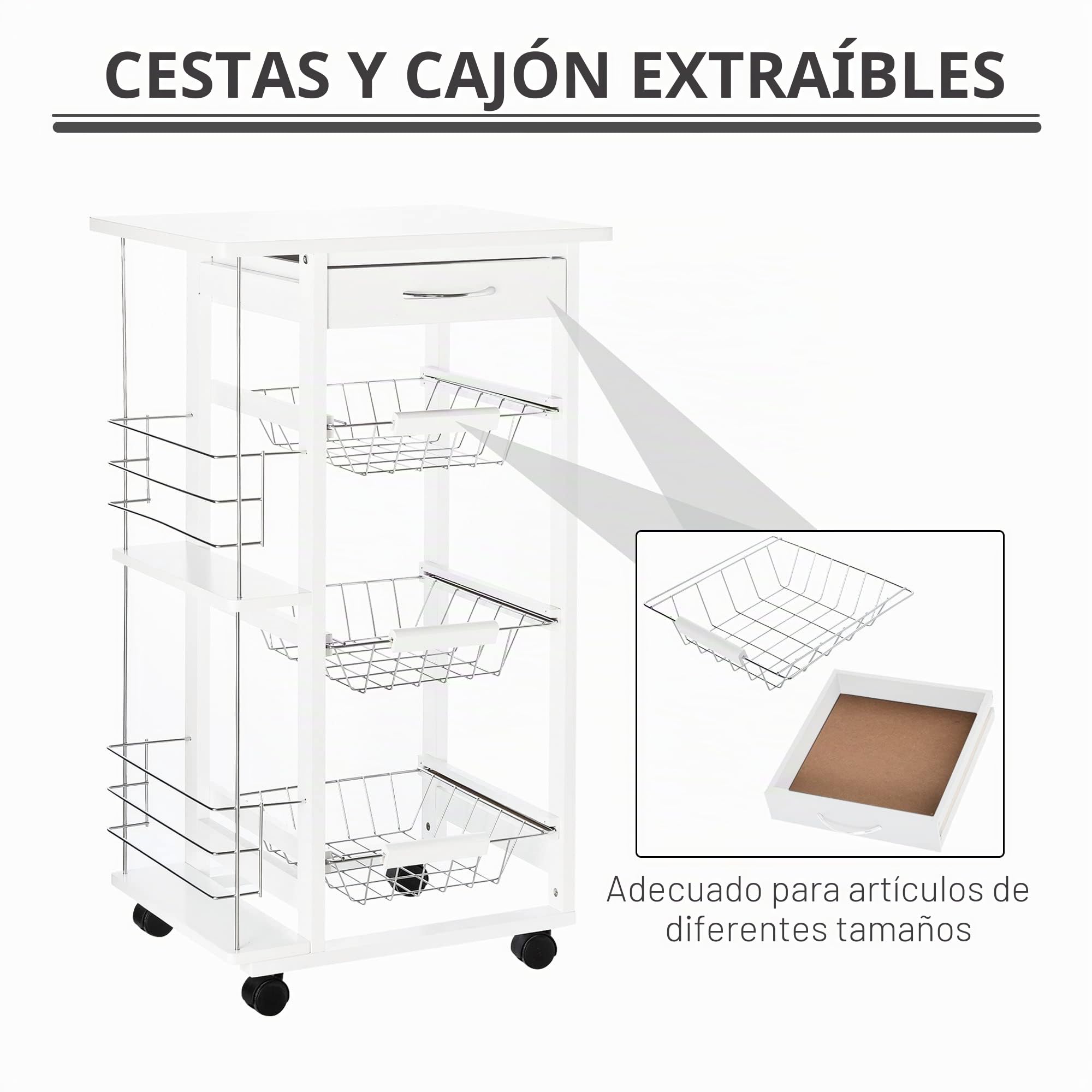 HOMCOM Carro de Servicio de Cocina con Ruedas Madera Pin Blanco | Multialmacenamiento, 3 cestas de metal, cajón, 2 botellas