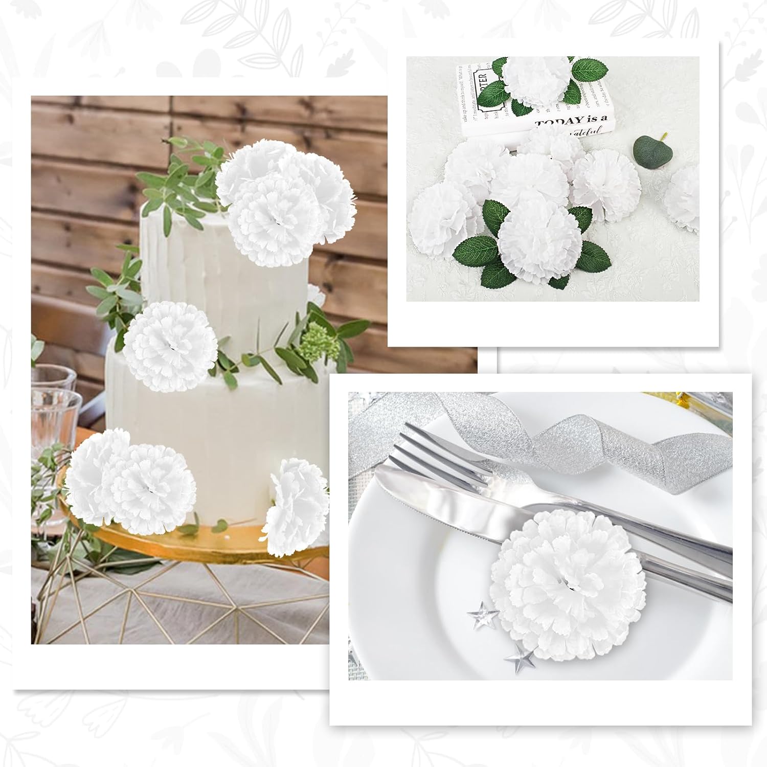 LELEE 108pcs Carnation Head Flowers with Stem, White Artificial Carnations Flowers Bulk, White Silk Carnation Fake Flower for Wedding Bouquet Table Centerpieces Funeral Cemetery Gravesite Decor