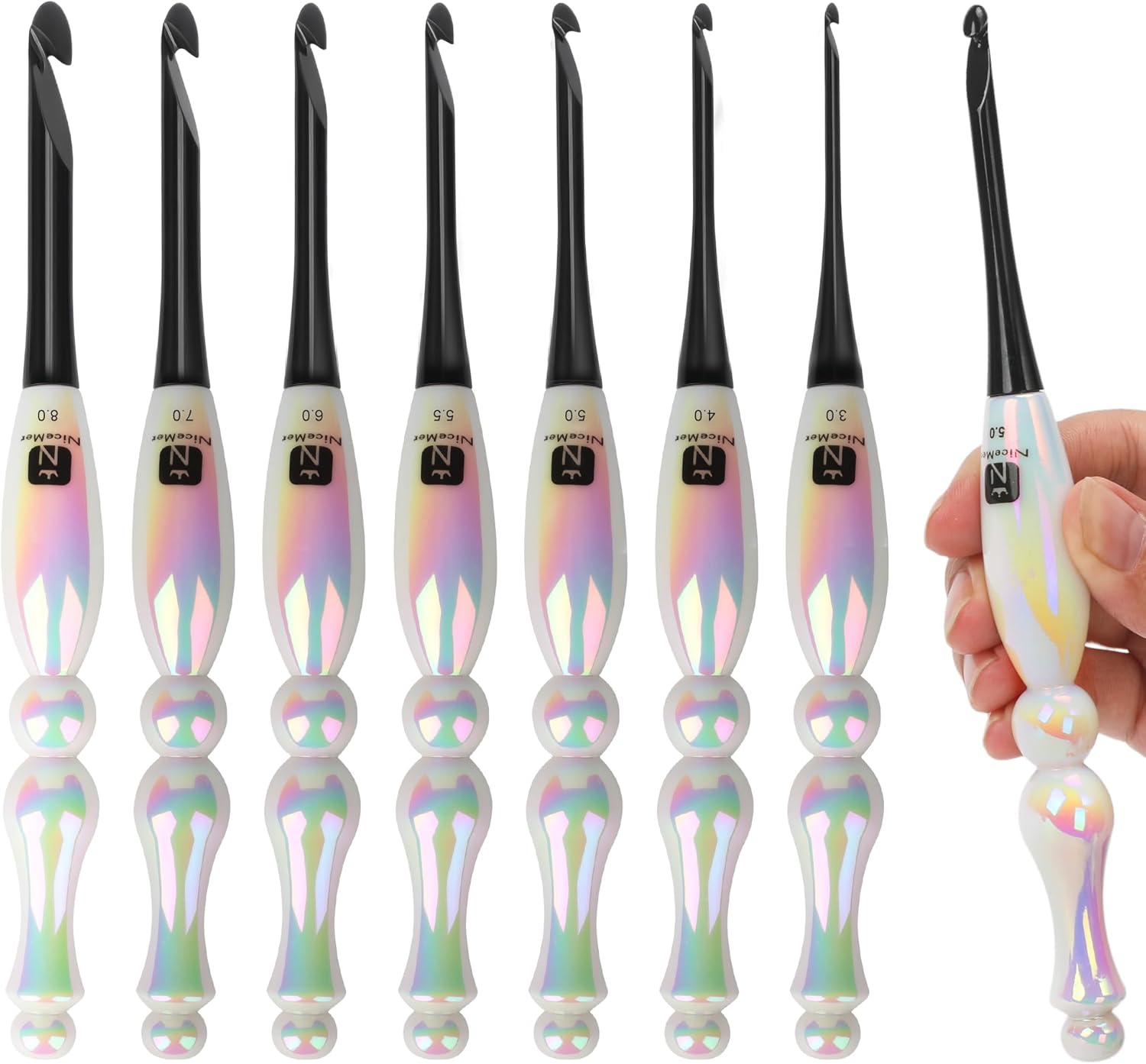 HOMAR Crochet Hooks Set, 7 Sizes Ergonomic Crochet Hooks Kit, Resin Grips, Smooth Aluminum Crochet Needles for Arthritic Hands, Beginners and Knitting & Crochet Lovers (3.0mm-8.0mm)