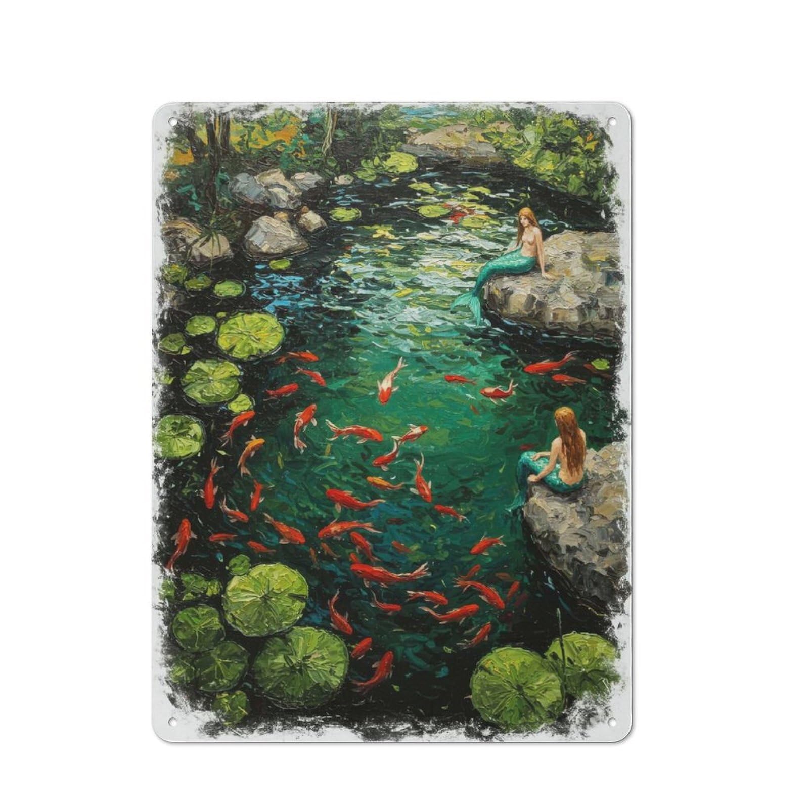 Junmoney Mermaids And Koi Pond Painting Metal Plaque 40X30cm With For Garage Wall, Retro Decor, For Garage Decor Collectors Refreshing A Room In Autumn