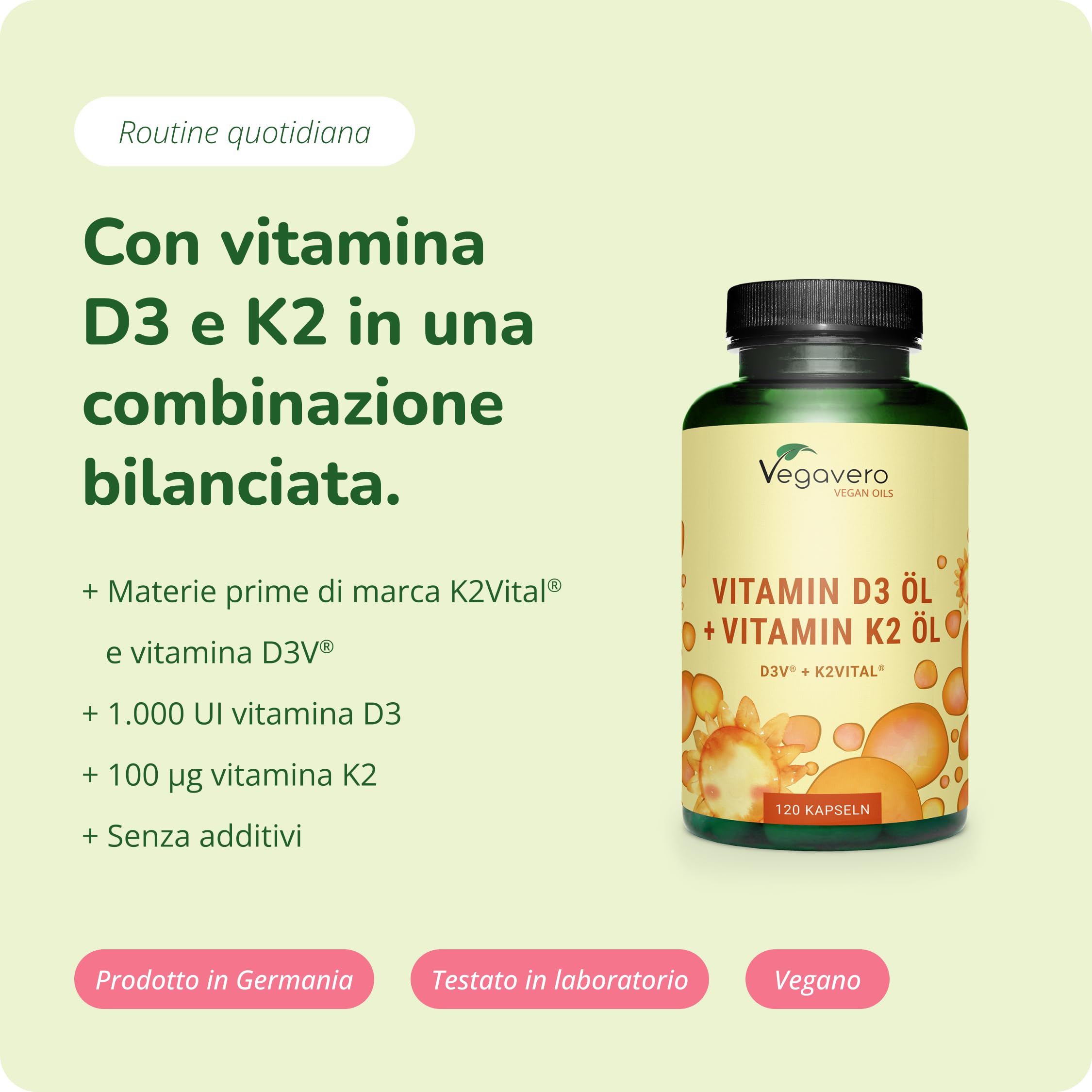 Vitamina D3 + K2 MK7 | VEGAN | Vitamine di Marca dall’Europa | K2 >99% all-trans MK-7 K2VITAL | Alta Biodisponibilità | per Ossa, Denti e Sistema Immunitario | Cruelty Free | Vegavero