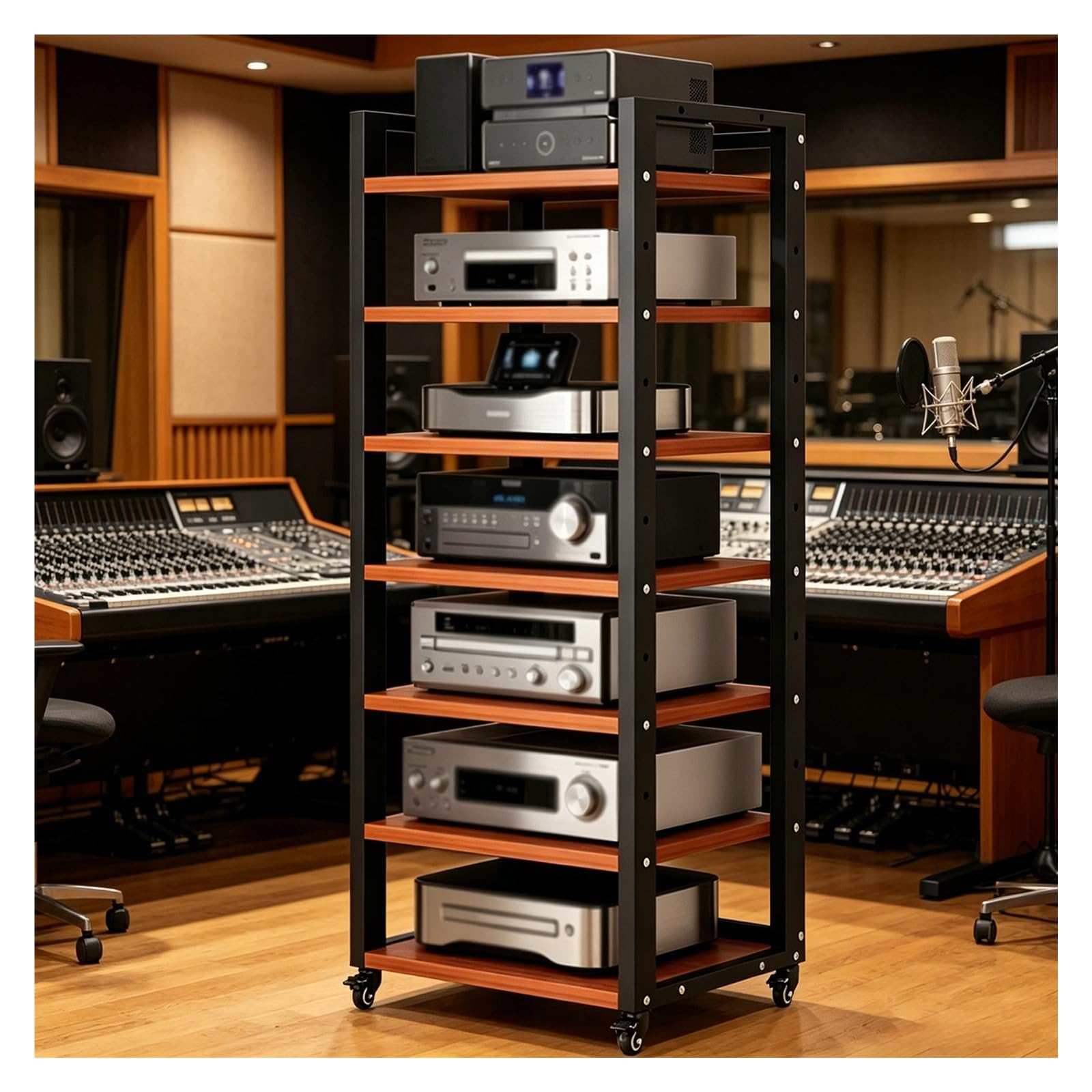Rack Audio-Video A 7 Livelli Con Ruote,Supporto Multimediale AV Rack | Mensola Per Componenti Hi-Fi E Home Cinema,Mobiletto Portaoggetti Regolabile In Altezza(Teak)
