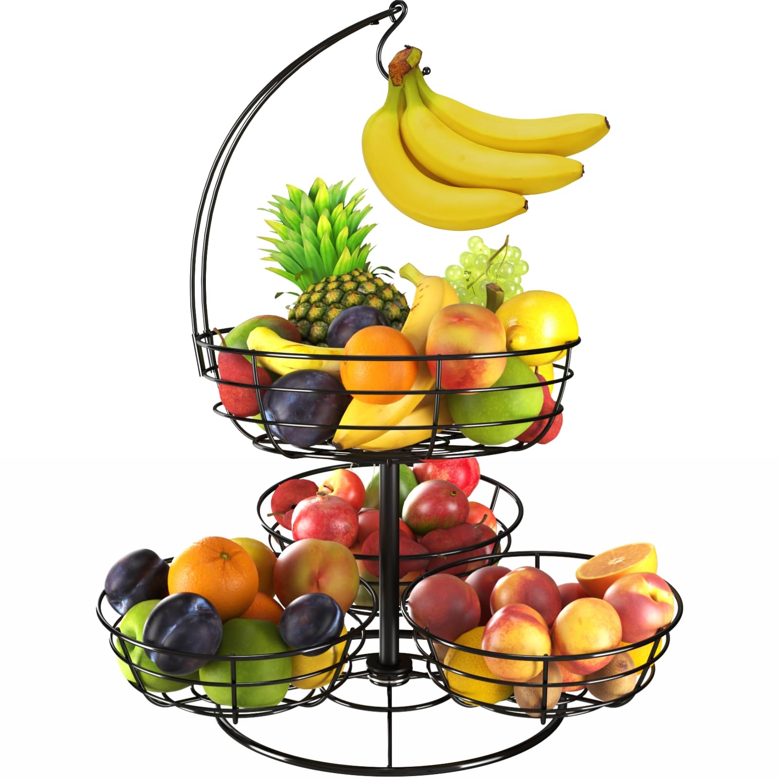 Rotating Fruit Basket Bowl with Banana Hanger for Kitchen Counter, Large Fruit Potato & Onion Storage for Kitchen Organizers, Tiered Countertop Fruit Vegetable Storage Stand for Produce Snack Bread