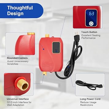 Tankless Water Heater Electric 110V 3000W Mini Instant Water Heater Electric with LED Display Instant Hot Water Heater Under Sink for Kitchen, Bathroom and RV, Red