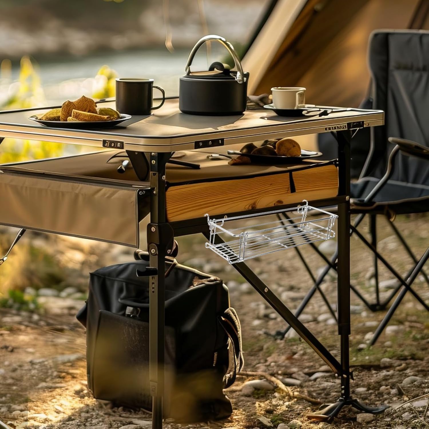 KICHOUSE Folding Camping Table Storage Basket Lightweight Outdoor Organizer for BBQ Picnics and Camping Compact and Multi-Functional for Gear Storage and Easy Setup