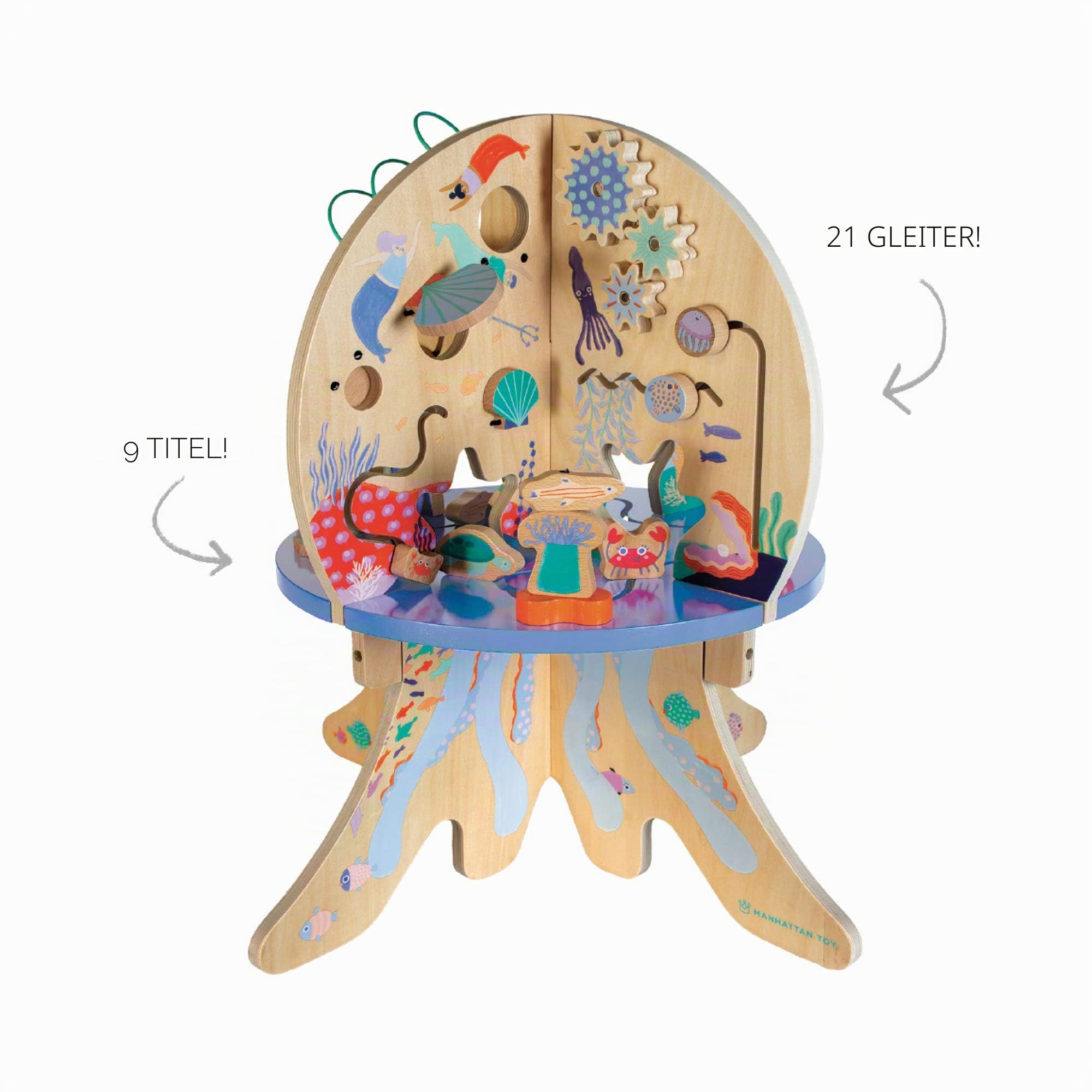 Manhattan Toy Deep Sea Adventure Aktivitätszentrum für hölzerne Kleinkinder mit klappernden Muscheln, sich drehenden Zahnrädern, Segelflugzeugen und Perlenläufen