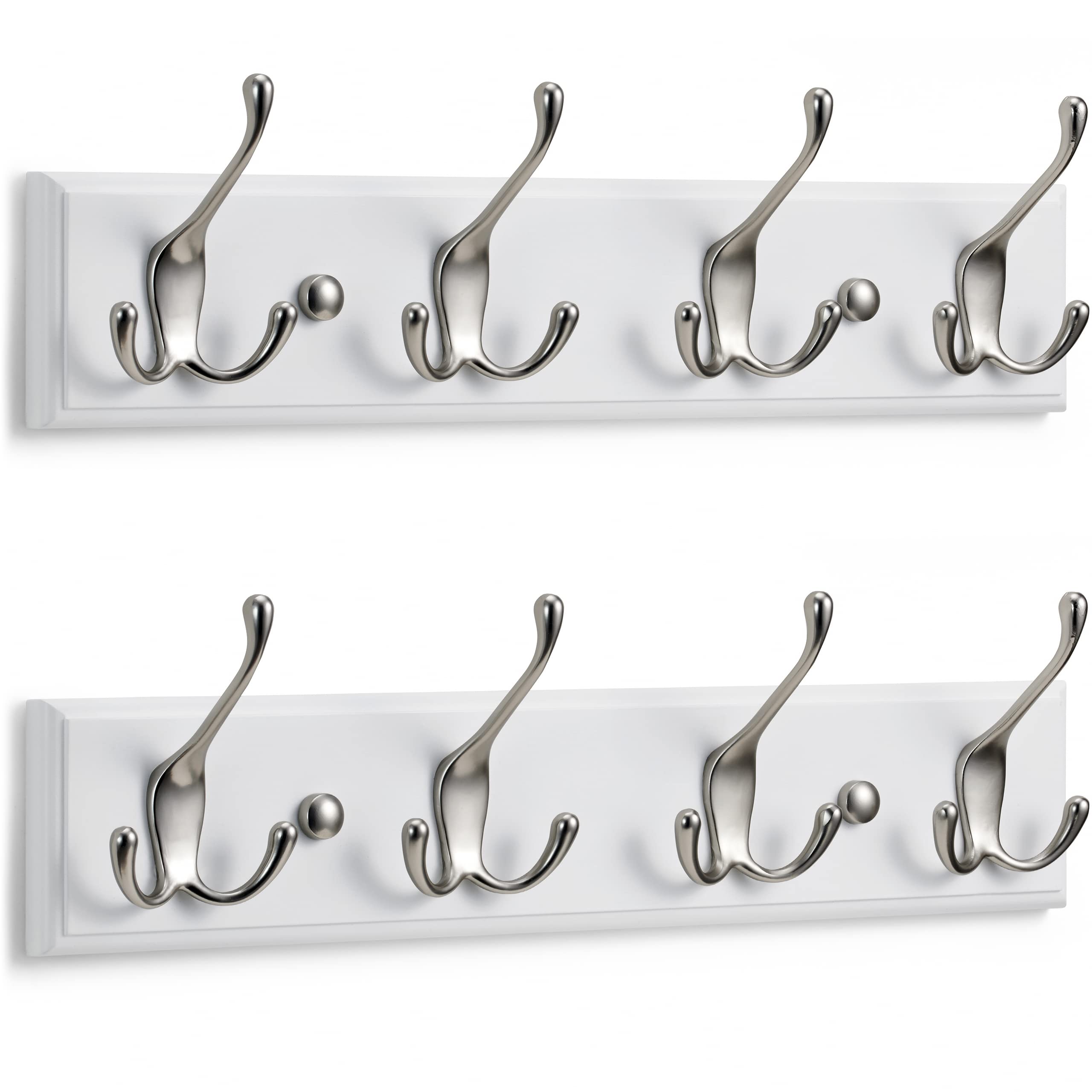 Larhn Matt-Nickel Wall-Mounted Coat Rack (2-Pack) - 4 Triple Coat Hooks For Wall On White Wooden Bamboo Base - 42 Cm - All Fixings Included
