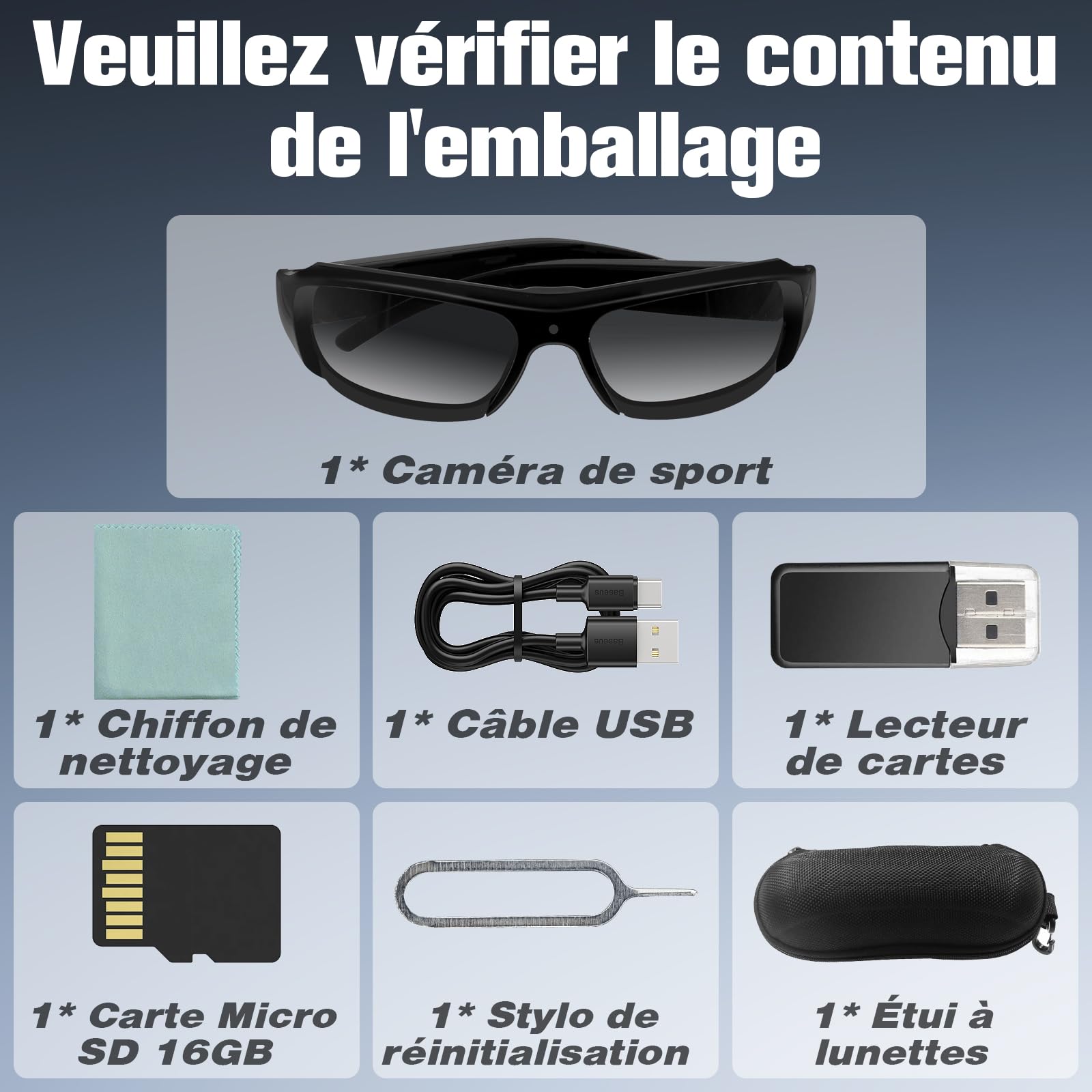 Lunettes Caméra HD1080P, Caméra d'action avec Lunettes de Soleil, Enregistreur Vidéo de Lunettes avec Carte Micro SD de 16 Go pour Le Camping, la pêche et d'autres activités de Plein air