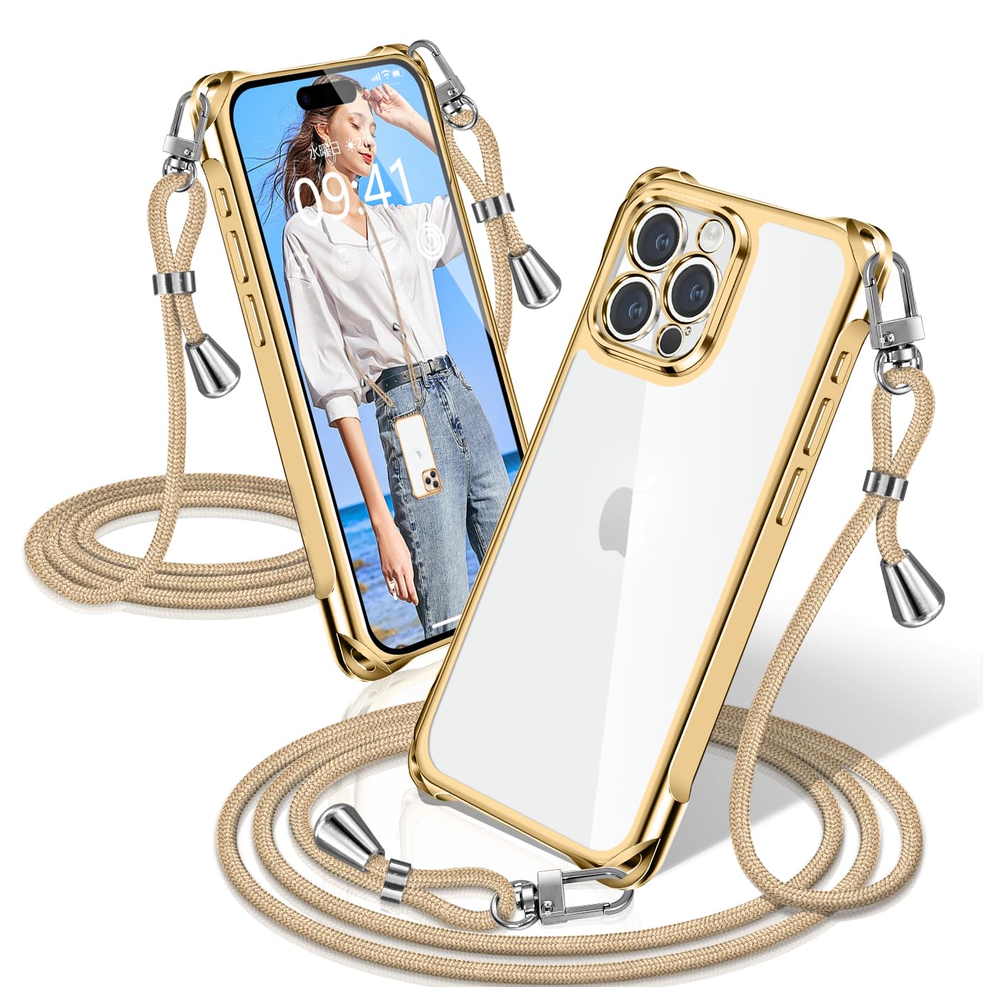 XIOYATY iPhone 16 Pro 対応 ケース クリア ショルダー メッキ調縁 ストラップ付き 紐付き 四隅クッション カメラ保護