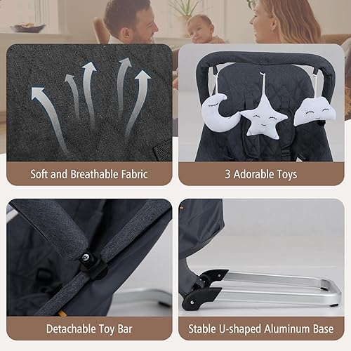Miniatura 6 de BABY JOY Bouncer para bebé, asiento plegable para bebé con arnés de seguridad de 5 puntos, funda de tela extraíble y 3 juguetes de peluche, gorila
