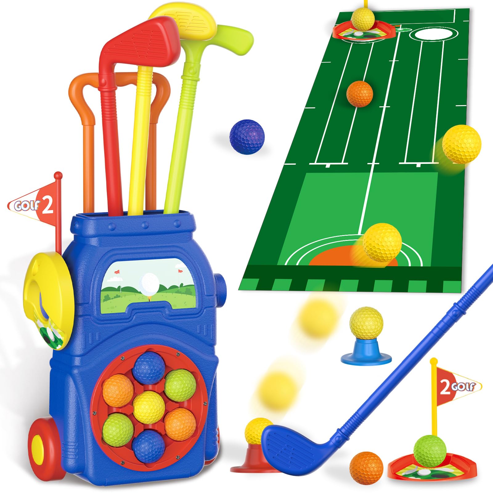 JONEG Toys for 3-8 Year Old Kids: Golf Set Toy for Toddlers, Gifts for 3 4 5 6 7 8 9 10 Year Old Boys Girls, Outdoor Indoor Sport Toy with 7 Balls, 4 Golf Clubs, 2 Practice Holes for Summer (Blue)