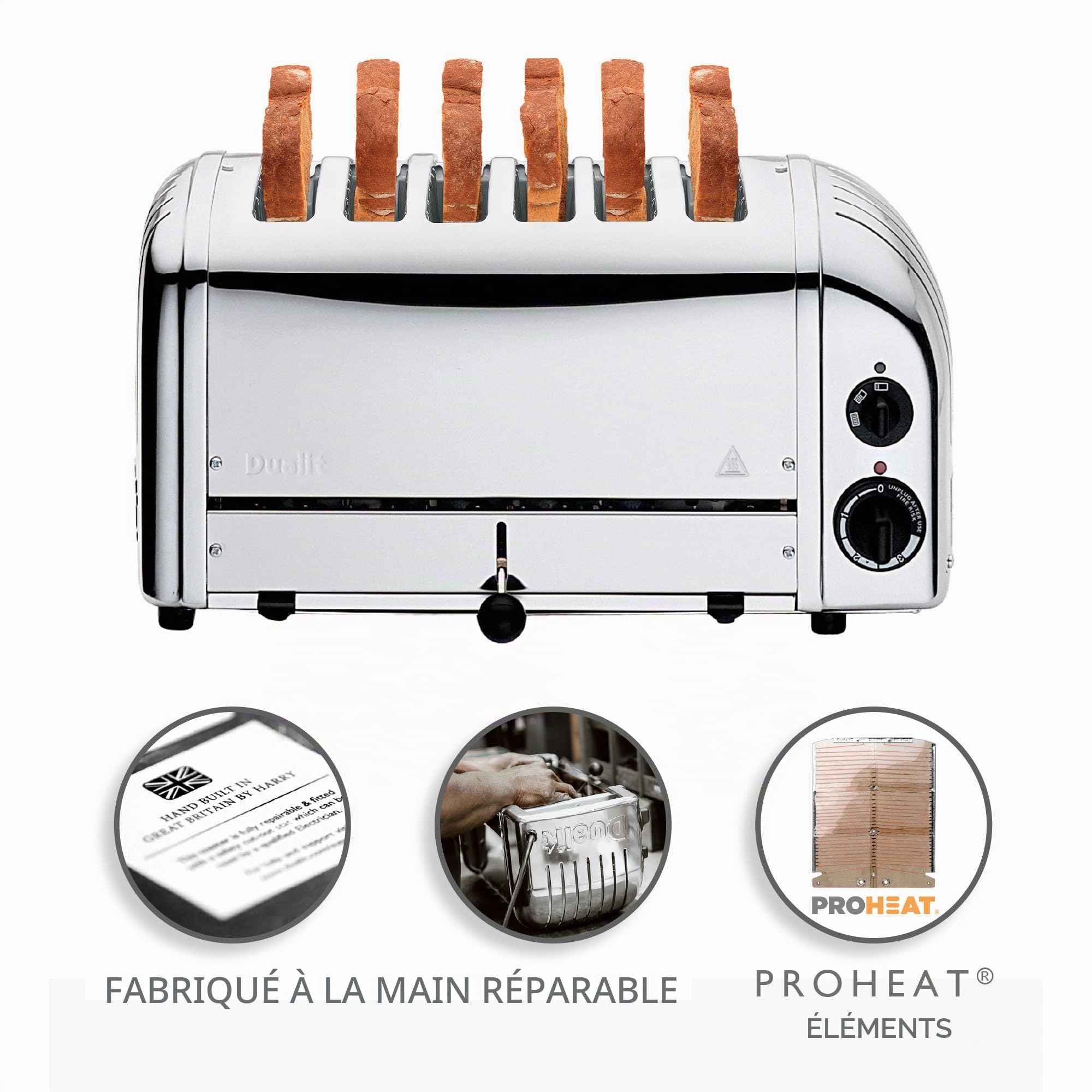Dualit - Grille-pain Dualit Vario 6 tranches 3 kW 60144, inox - Faites griller 2, 4 ou 6 tranches avec sélecteur de fentes ; 220(H) x 460(l) x 210(P) mm, tiroir à miettes, patins en caoutchouc, E972
