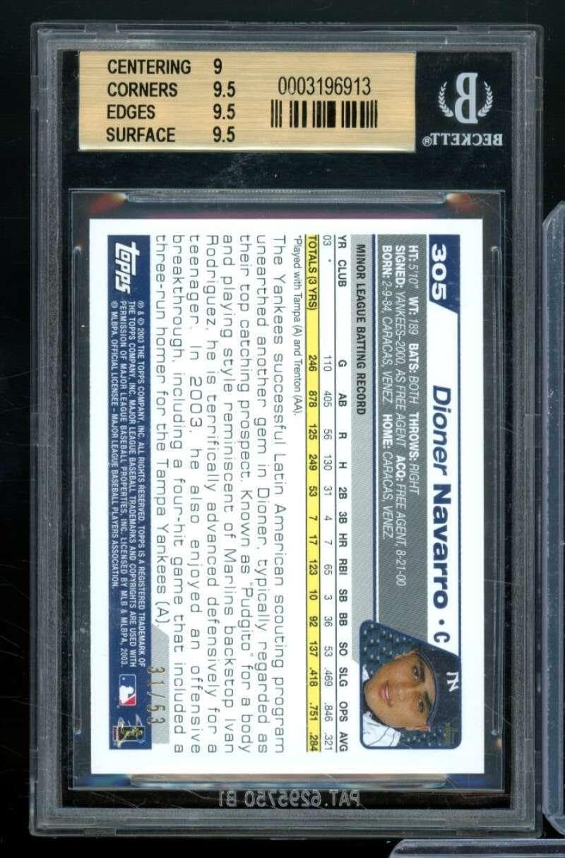 Dioner Navarro Rookie Card 2004 Topps #305 BGS 9.5 - Baseball Slabbed Rookie Cards