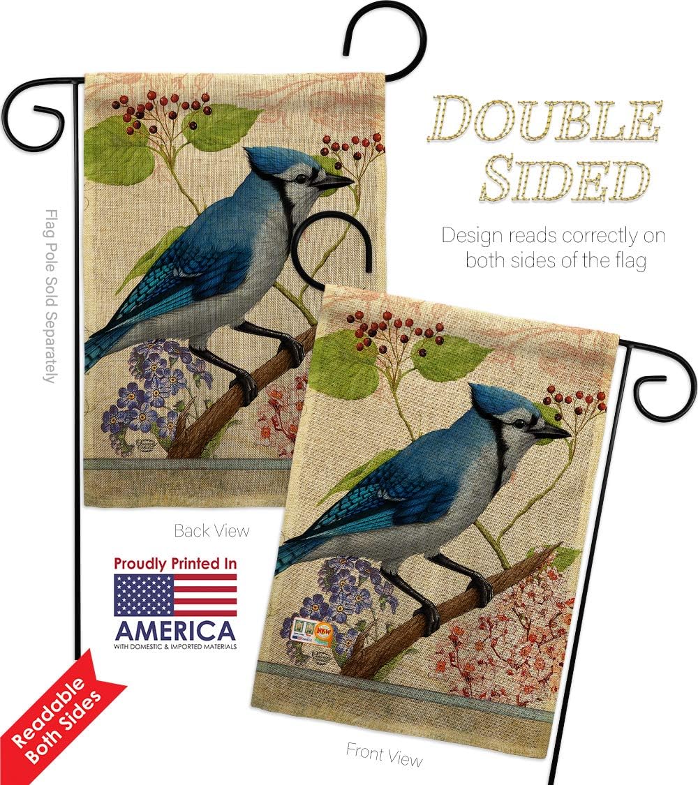 Blue Jay Floral Garden Flag Set with Stand Friends Flamingo Hummingbird Cardinal Peacock Springtime Natural Wildlife Small Decorative Gift Yard House Banner Double-Sided Made In USA 13 X 18.5