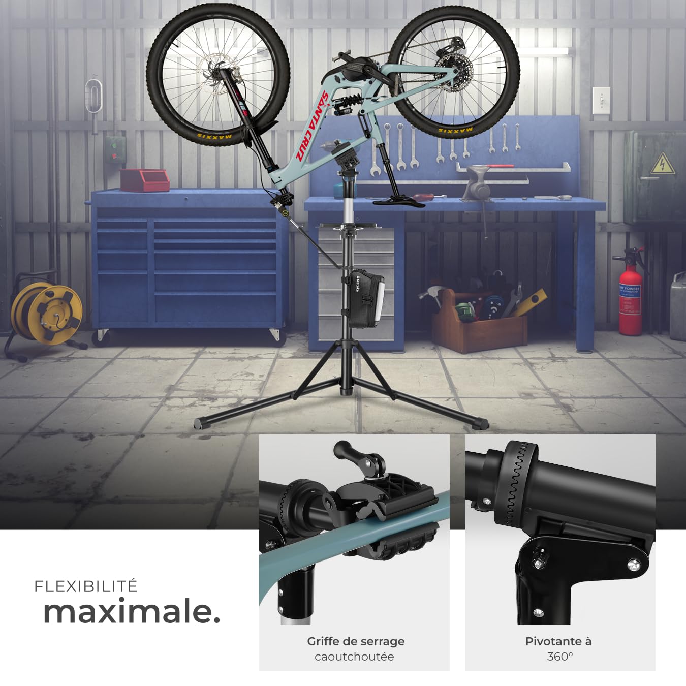 tectake® Set de Support Velo Pieds d'atelier & Sacoche velo, Montage Entretien Reparation VTT Vélo électrique Velo de course, Support pour Outils, Charge max. 50kg Réglable Pliable 108x81x106-169 cm