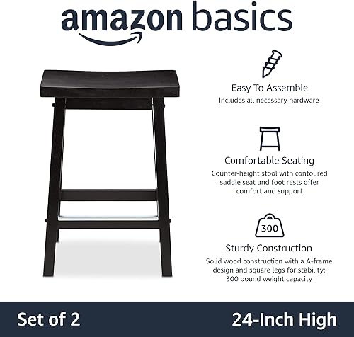 Miniatura 3 de Amazon Basics Taburete de madera maciza para encimera de cocina con reposapiés, fácil montaje, altura de 24 pulgadas, color negro, juego de 2 Negro