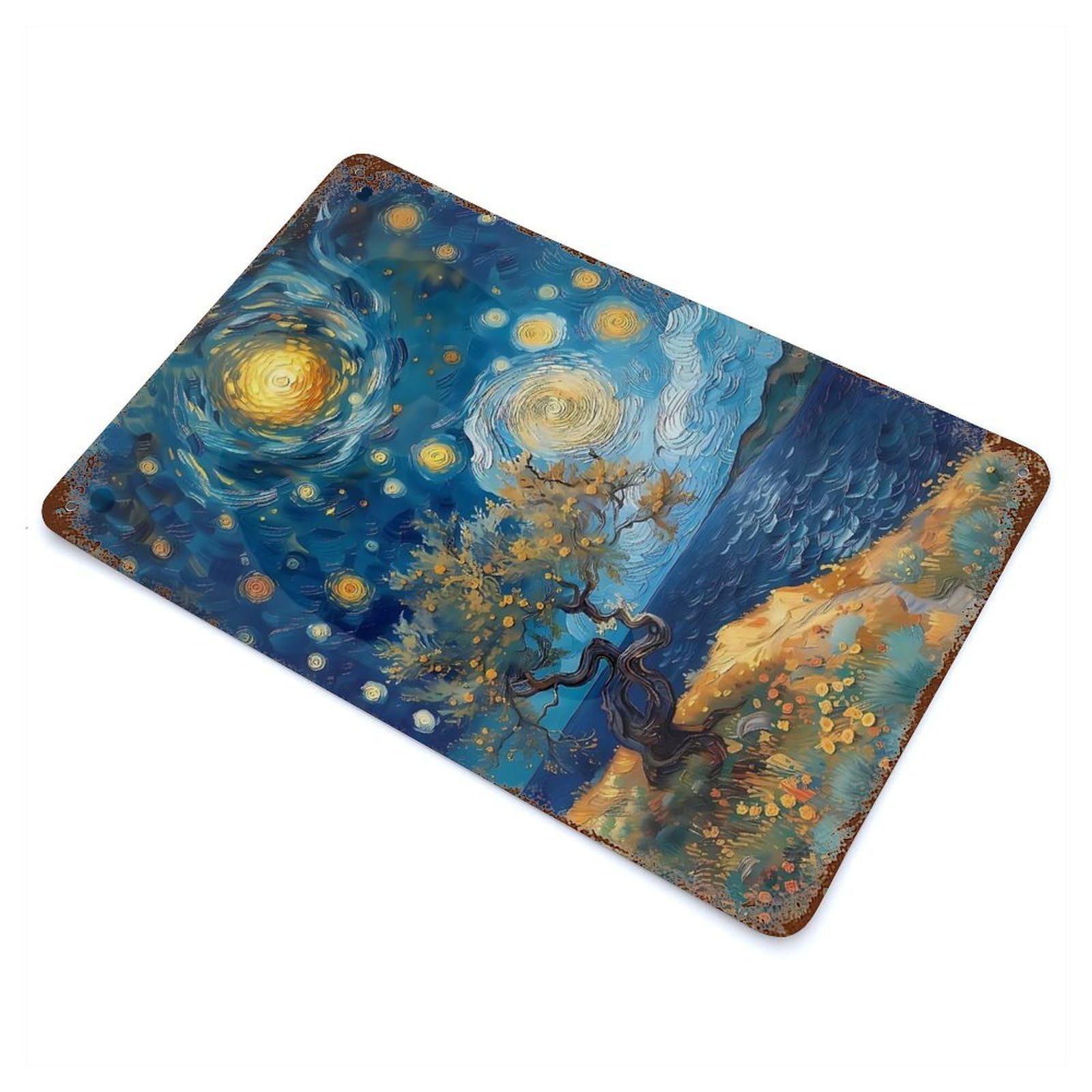 Starry Night Landscape Painting 11.8"x7.9" Rusty Metal Tin Sign, Shabby Chic Decor for Bistro, Counter And Cafe Decor