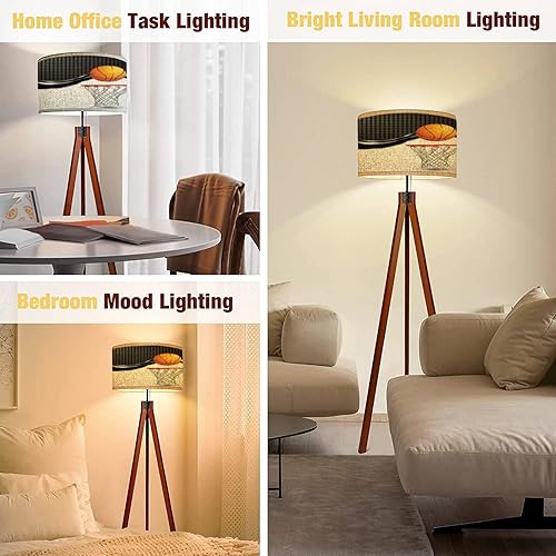 Miniatura 4 de Lámpara de pie de aro de baloncesto en onda a cuadros, patas de madera maciza, lámpara alta moderna con trípode con pantalla de lino para sala de