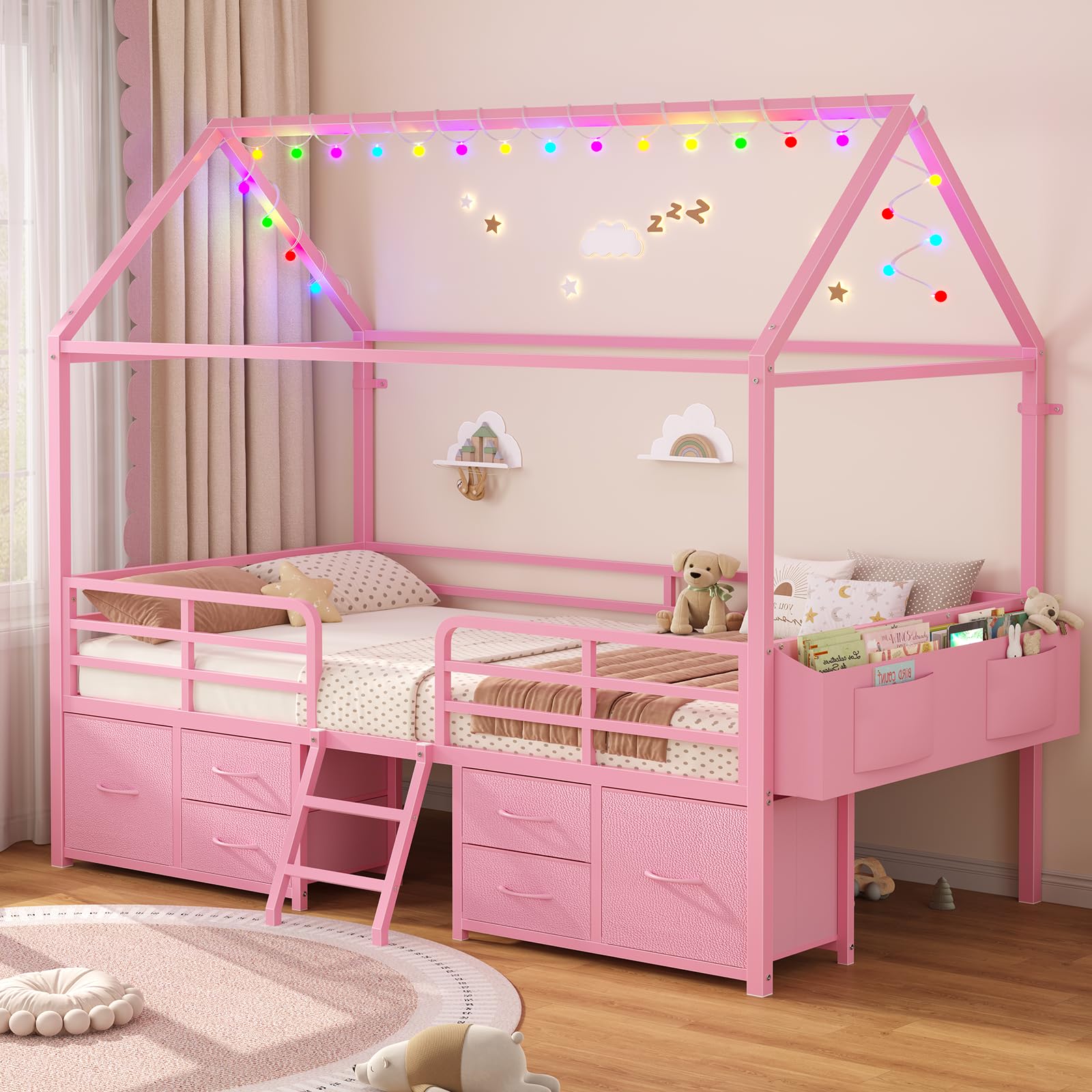 ADORNEVE Twin Size Bed Frame with 6 Drawers, Pink Metal House Bed